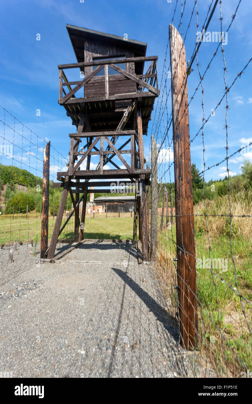Tchécoslovaquie communisme, Guerre froide, Mémorial de Vojna, Musée des victimes du communisme, près de Pribram, République tchèque, Europe, Watchtower en bois Banque D'Images