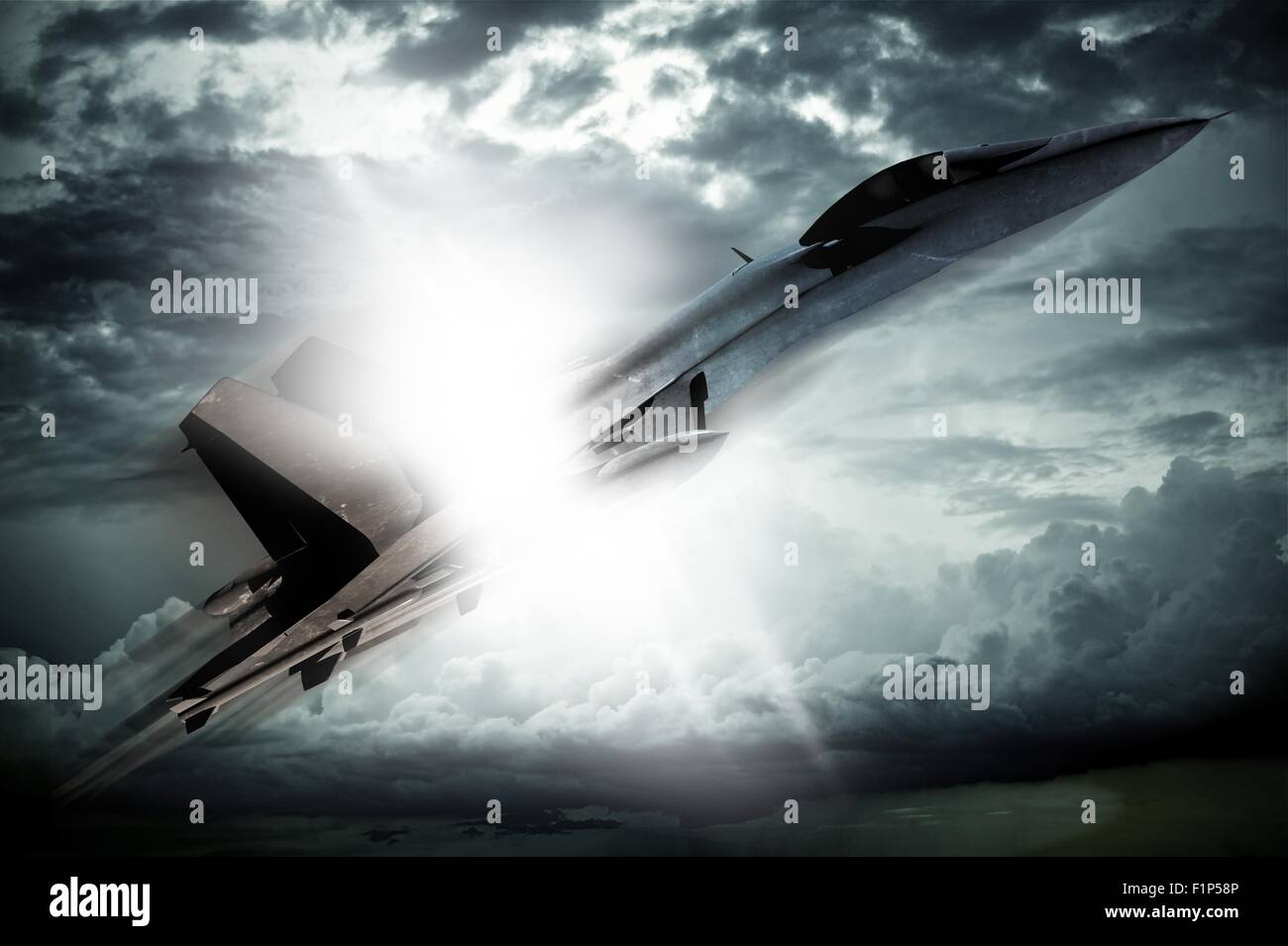 Briser la barrière du son. En avion de chasse supersonique casser Mur du son. Profil de l'avion de chasse. MACH 1 Moment. 3D Render Illu Banque D'Images