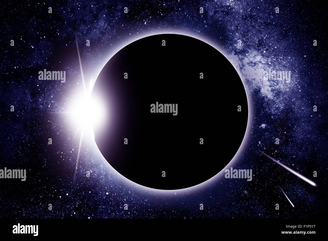 Éclipse de soleil et étoiles filantes Illustration. La lune passe entre le Soleil et la terre. Éclipse solaire horizontal Illustration. Banque D'Images