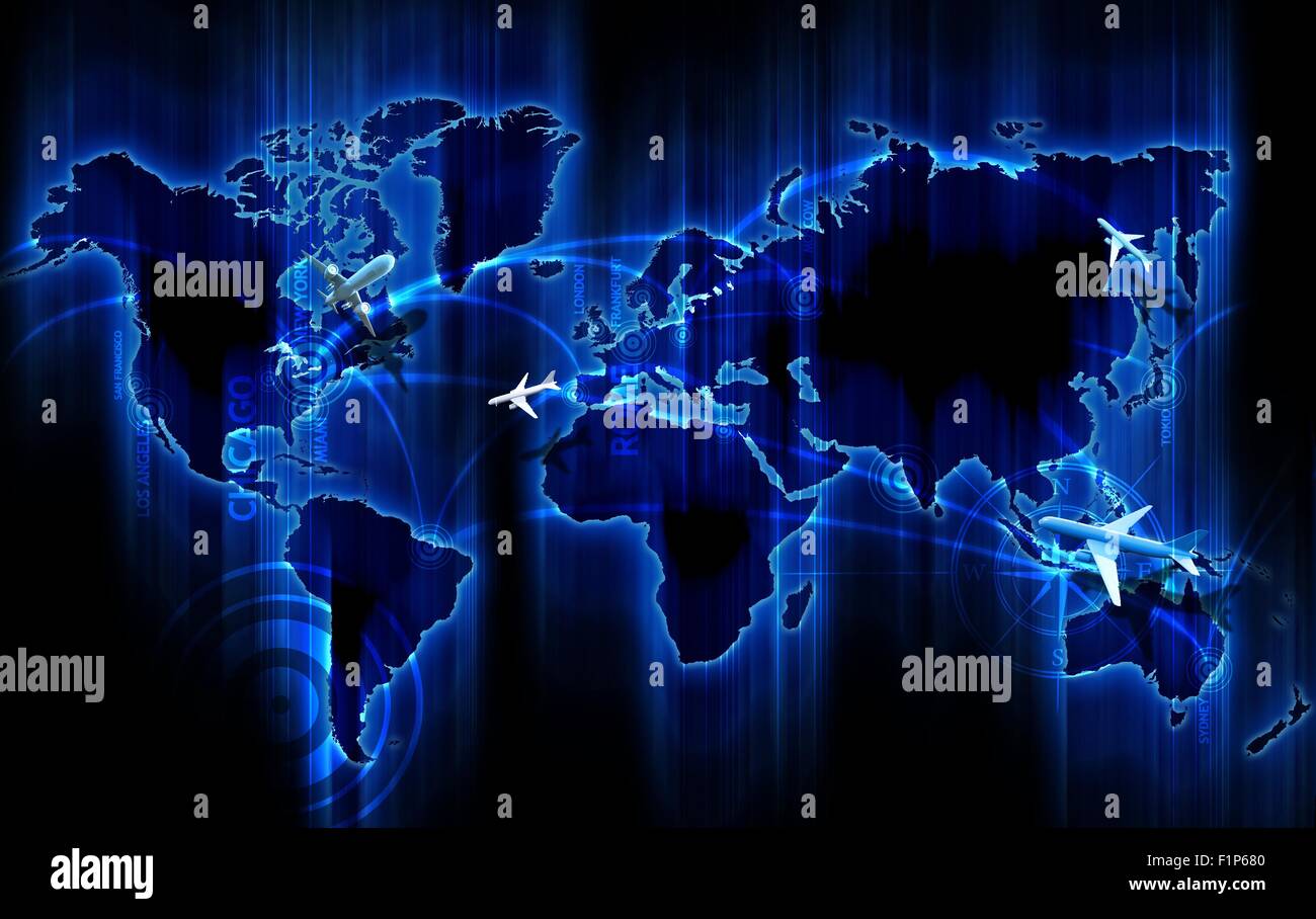 Moyens de l'air à l'échelle mondiale. Cool bleu carte du monde avec des moyens aériens - Destinations Compagnies Aériennes mondiales. 3D petits avions volant au-dessus de la Banque D'Images