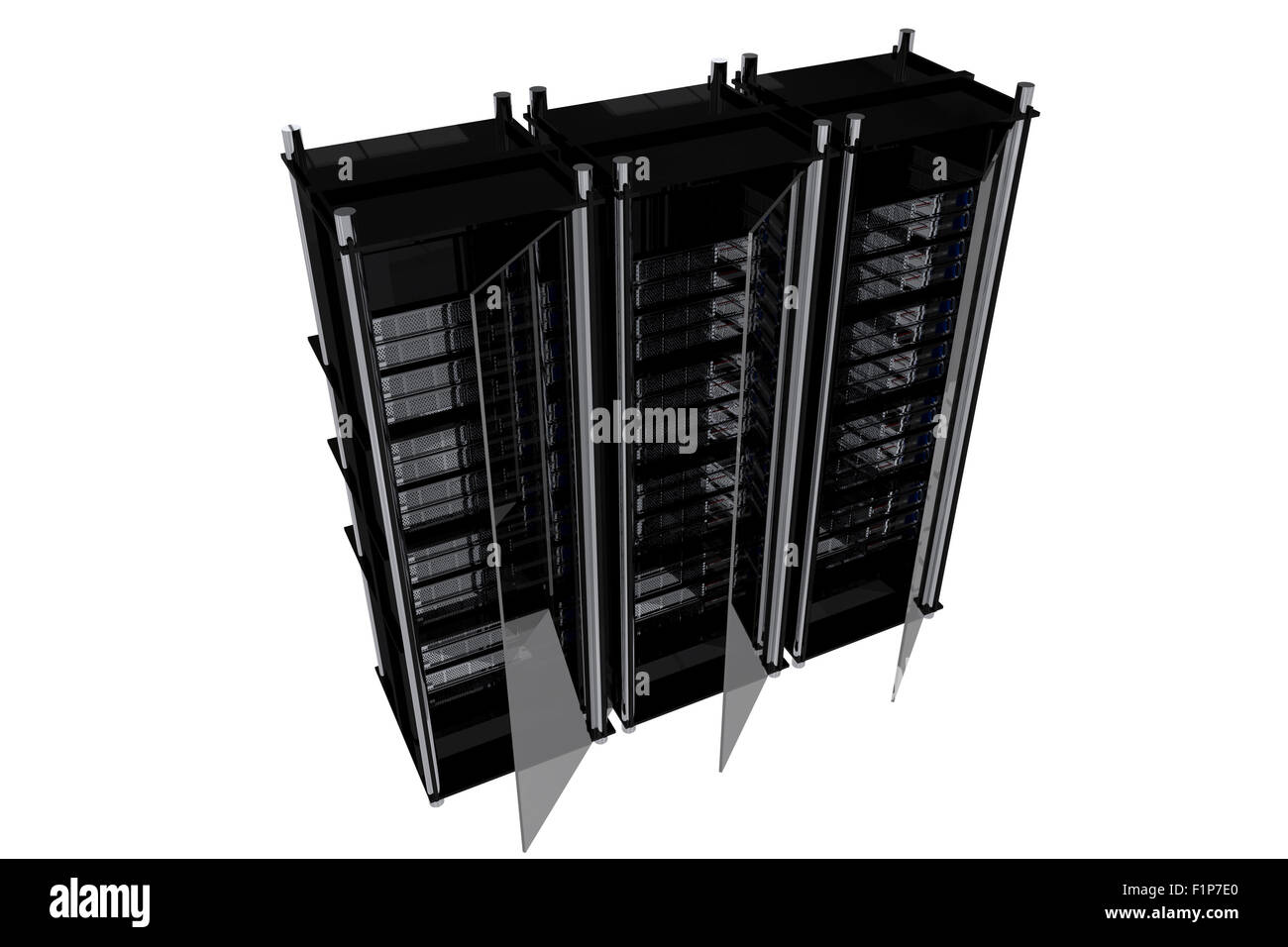 Des racks de serveurs modernes noir isolé sur blanc. Banque D'Images