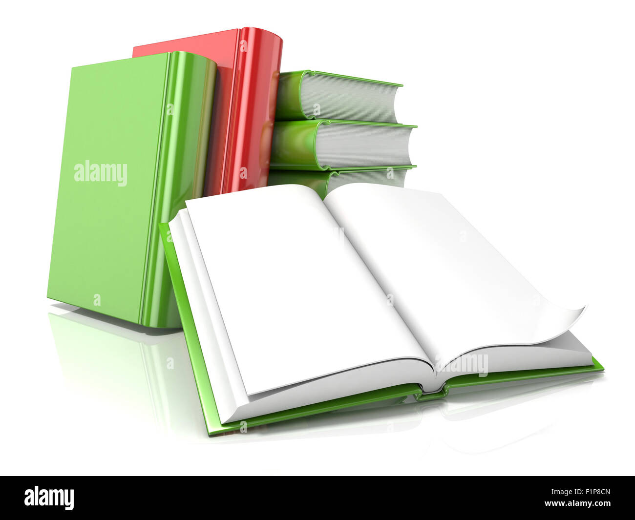 Pile de livres avec l'ouverture de l'un. Rendu 3D illustration isolé sur fond blanc Banque D'Images