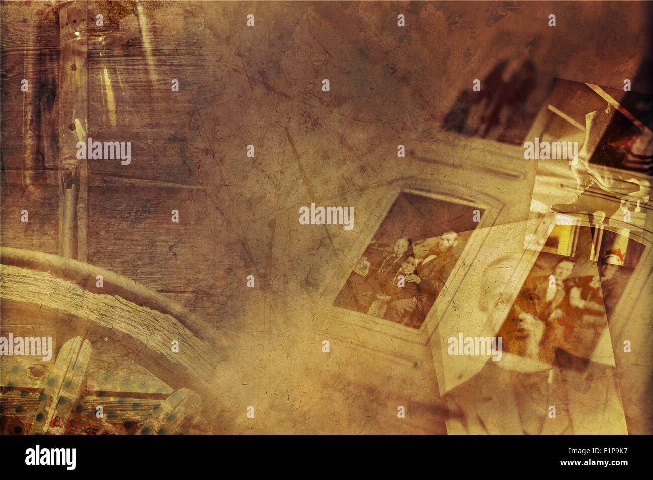 Vintage Photographie fond. Old Vintage Photography Album, certaines roues de bois et la lampe. Grunge Thème Sépia Banque D'Images