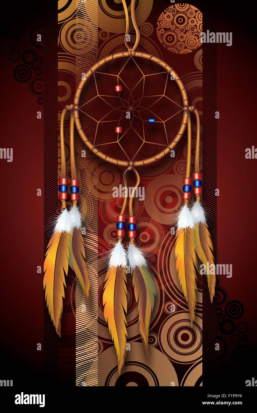 Native American Art fond Illustration. Brown-Burgundy sombres Cercles Arrière-plan et de Dreamcatcher. Conception verticale. Banque D'Images