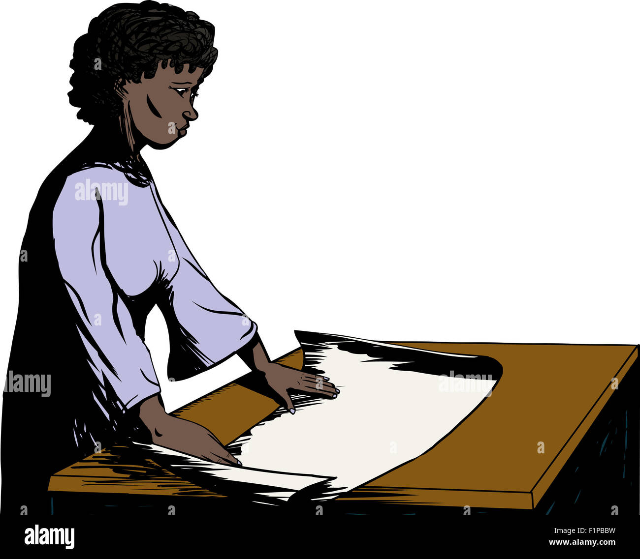 Cheerful architect isolés travaillant avec les plans sur la table Banque D'Images