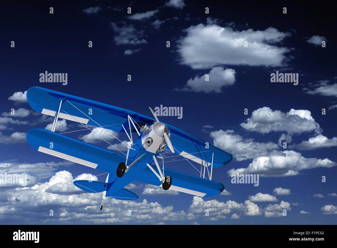 Biplan bleu sur le ciel. Biplan Bleu Rendu 3D Illustration. Ciel nuageux Ciel bleu. Banque D'Images