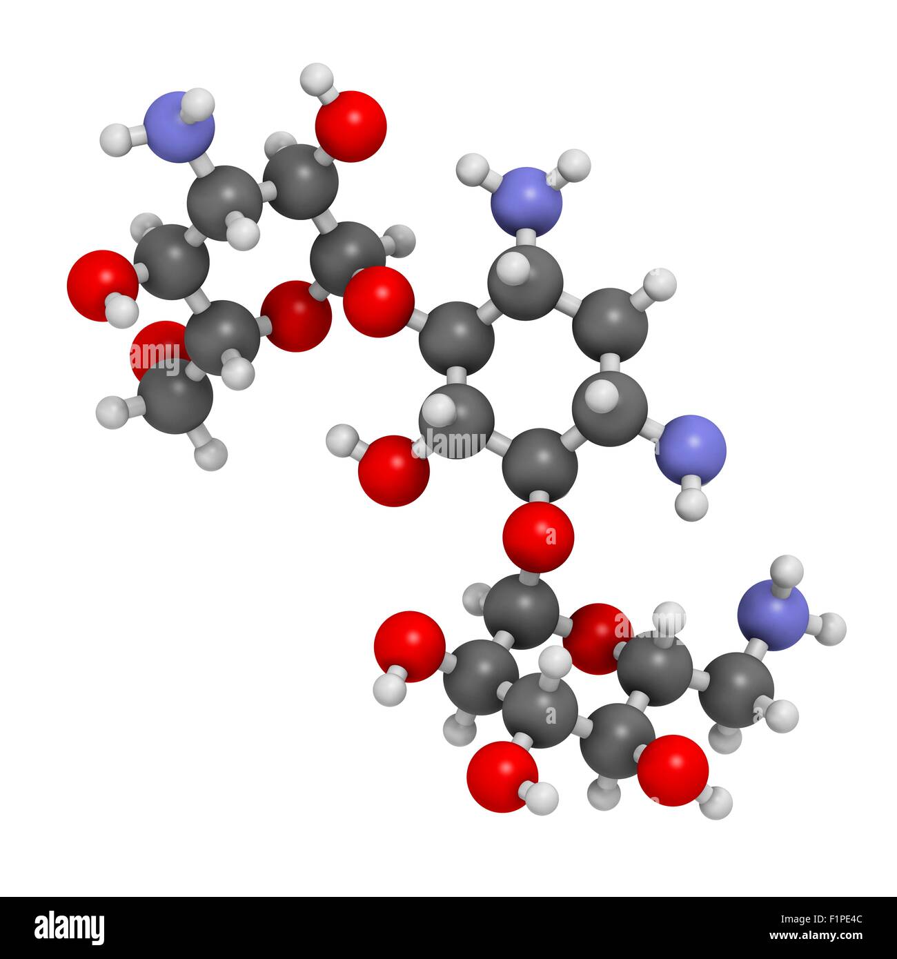 Kanamycine antibiotique aminoglycoside (molécule) les atomes sont représentés comme des sphères avec codage couleur classiques : l'hydrogène Banque D'Images