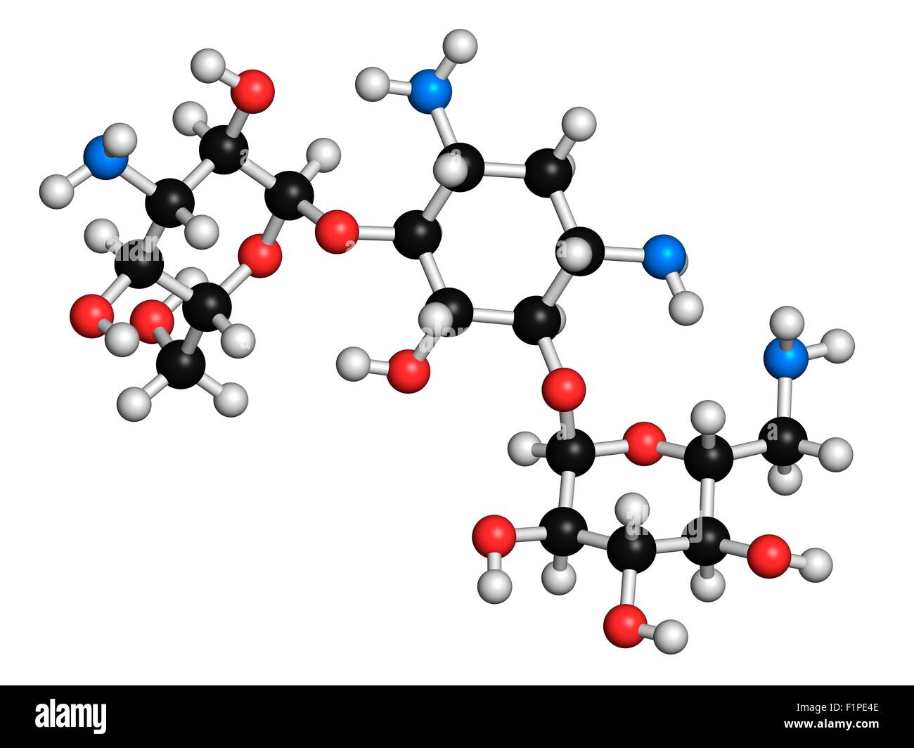 Kanamycine antibiotique aminoglycoside (molécule) les atomes sont représentés comme des sphères avec codage couleur classiques : l'hydrogène Banque D'Images