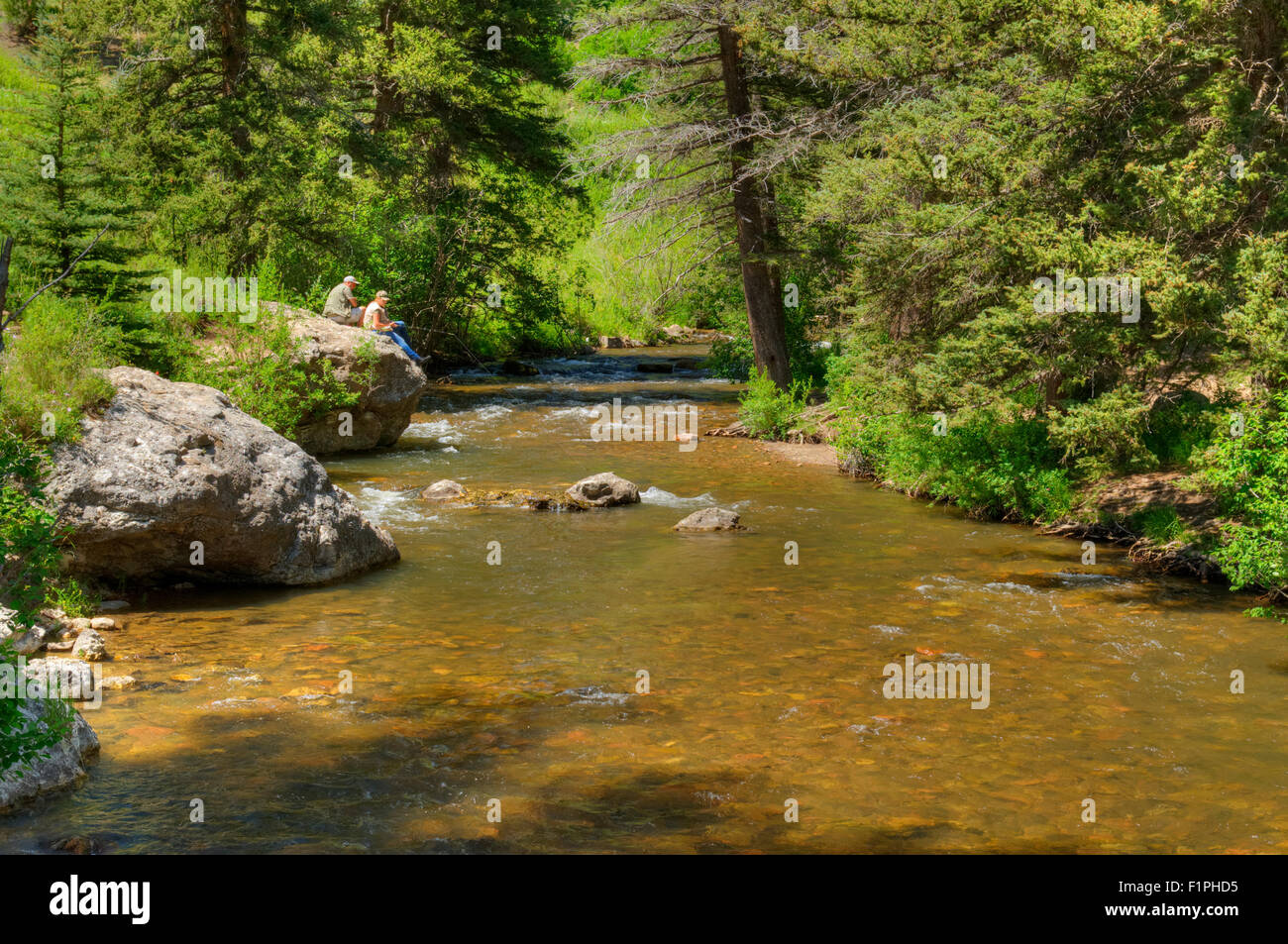 Les pêcheurs sur la partie supérieure de la rivière Pecos à Cowles, Nouveau Mexique. Un moyen idéal pour passer un après-midi d'été. Banque D'Images