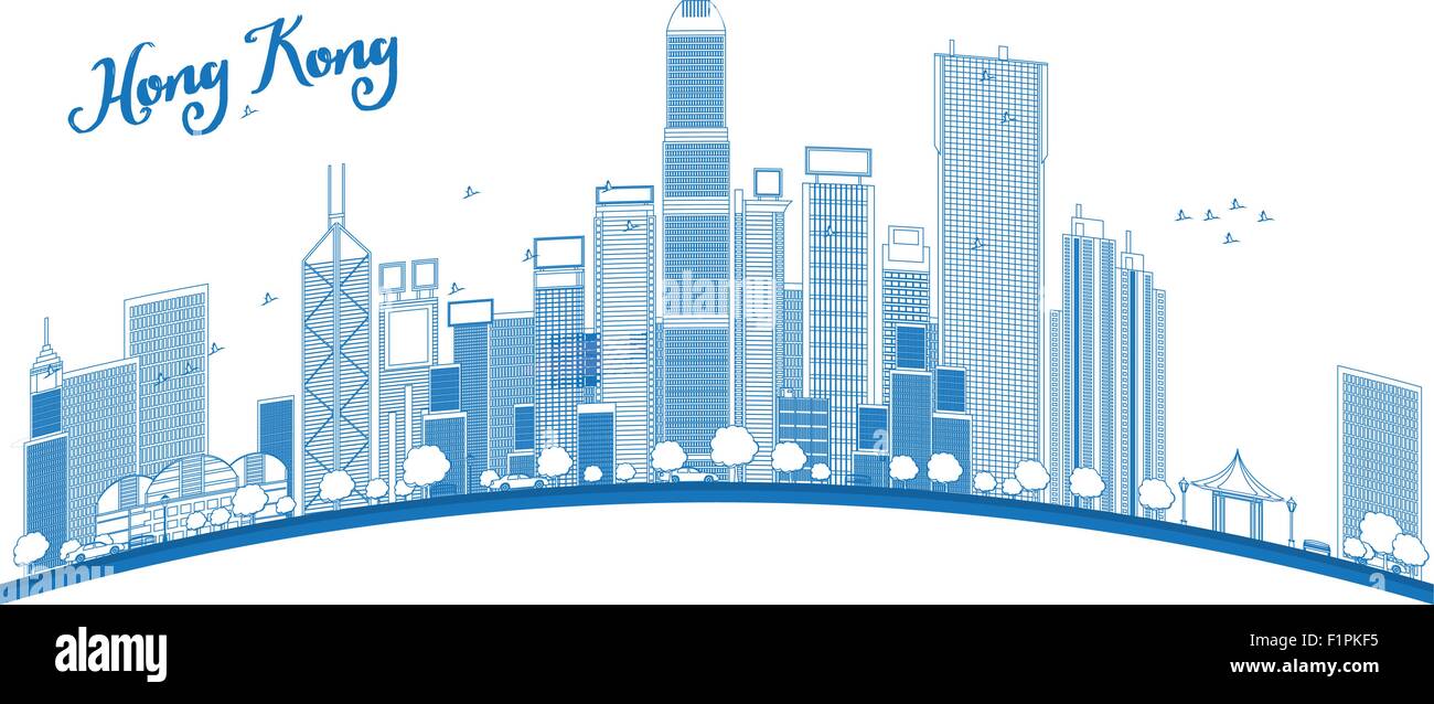 Contours d'horizon de Hong Kong avec des gratte-ciel bleu et taxi. Vector illustration Illustration de Vecteur