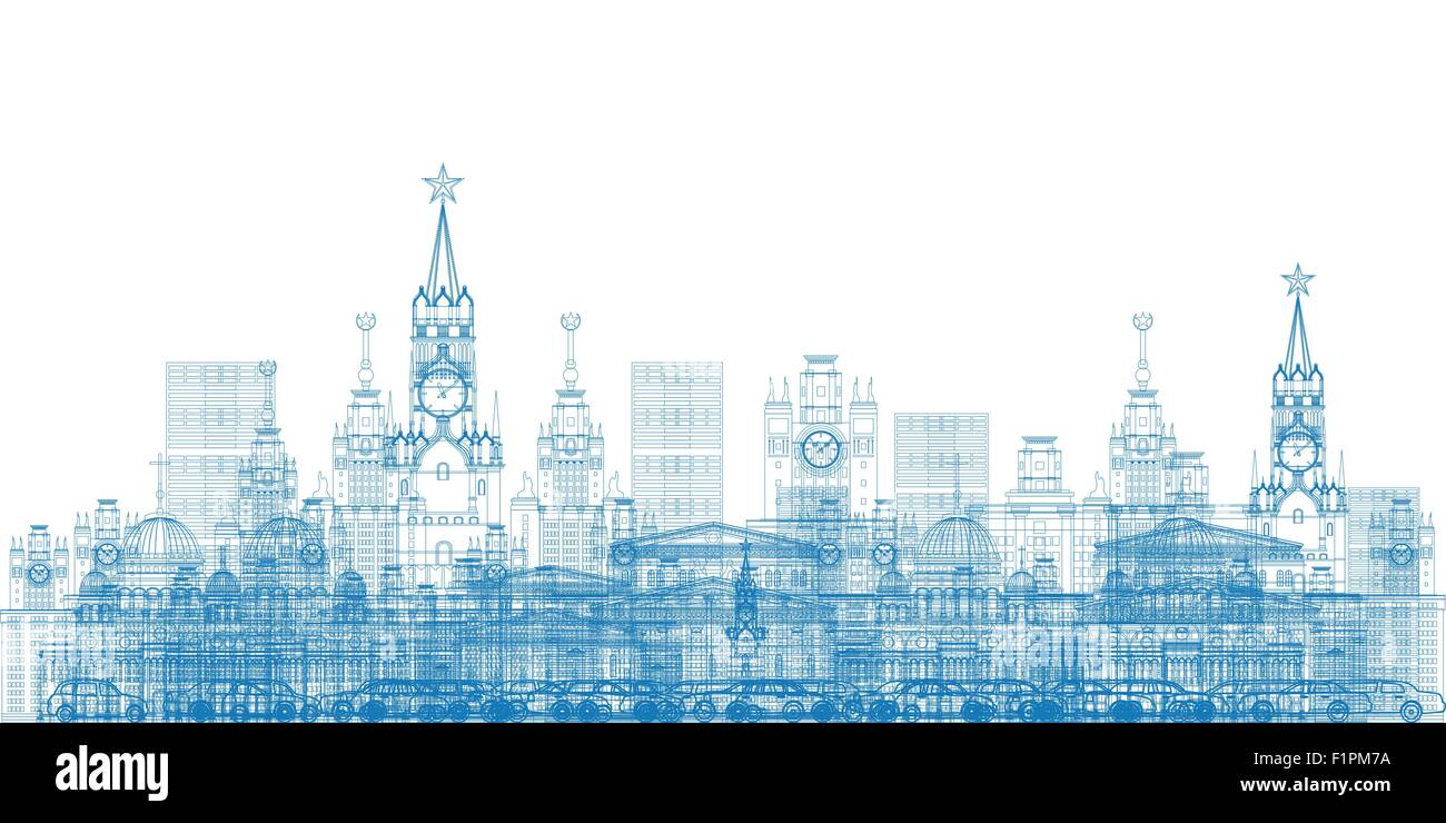 Contours Moscou City Skyscrapers et célèbres bâtiments en bleu Vector illustration Illustration de Vecteur