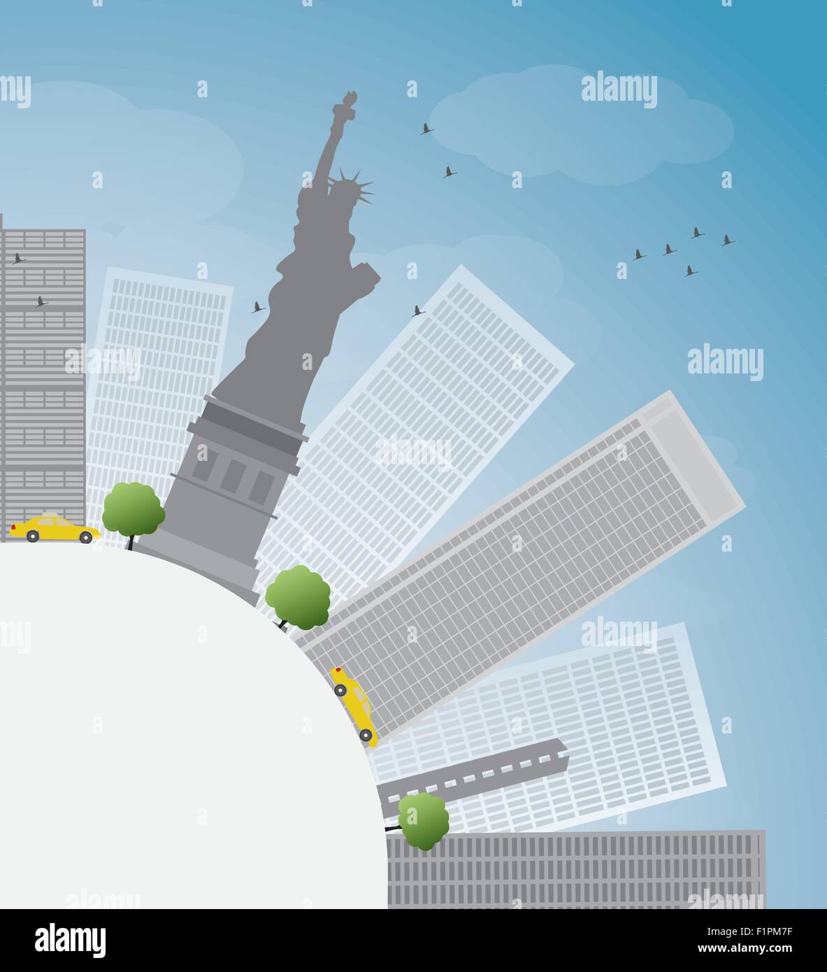 New York city skyline avec ciel bleu, nuages et taxi jaune Illustration de Vecteur