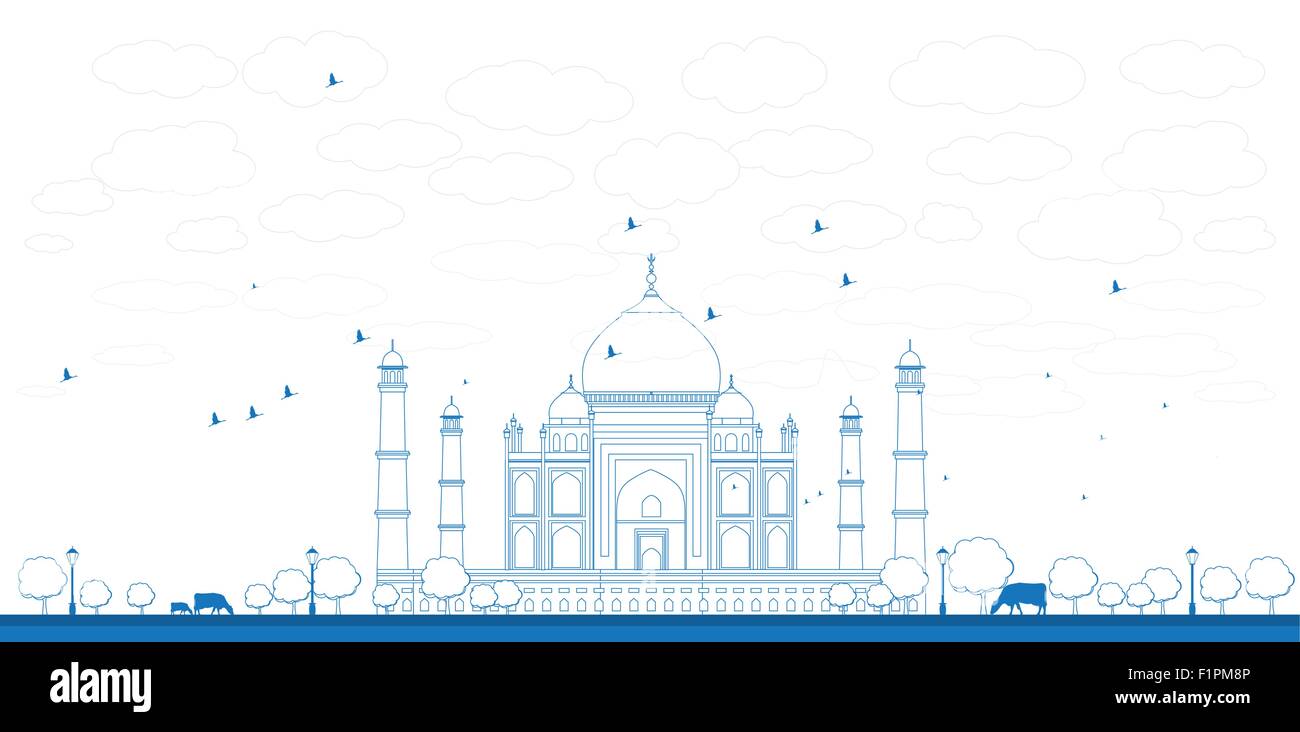 Contours Taj Mahal avec arbre et vache. Vue avant Vector illustration Illustration de Vecteur