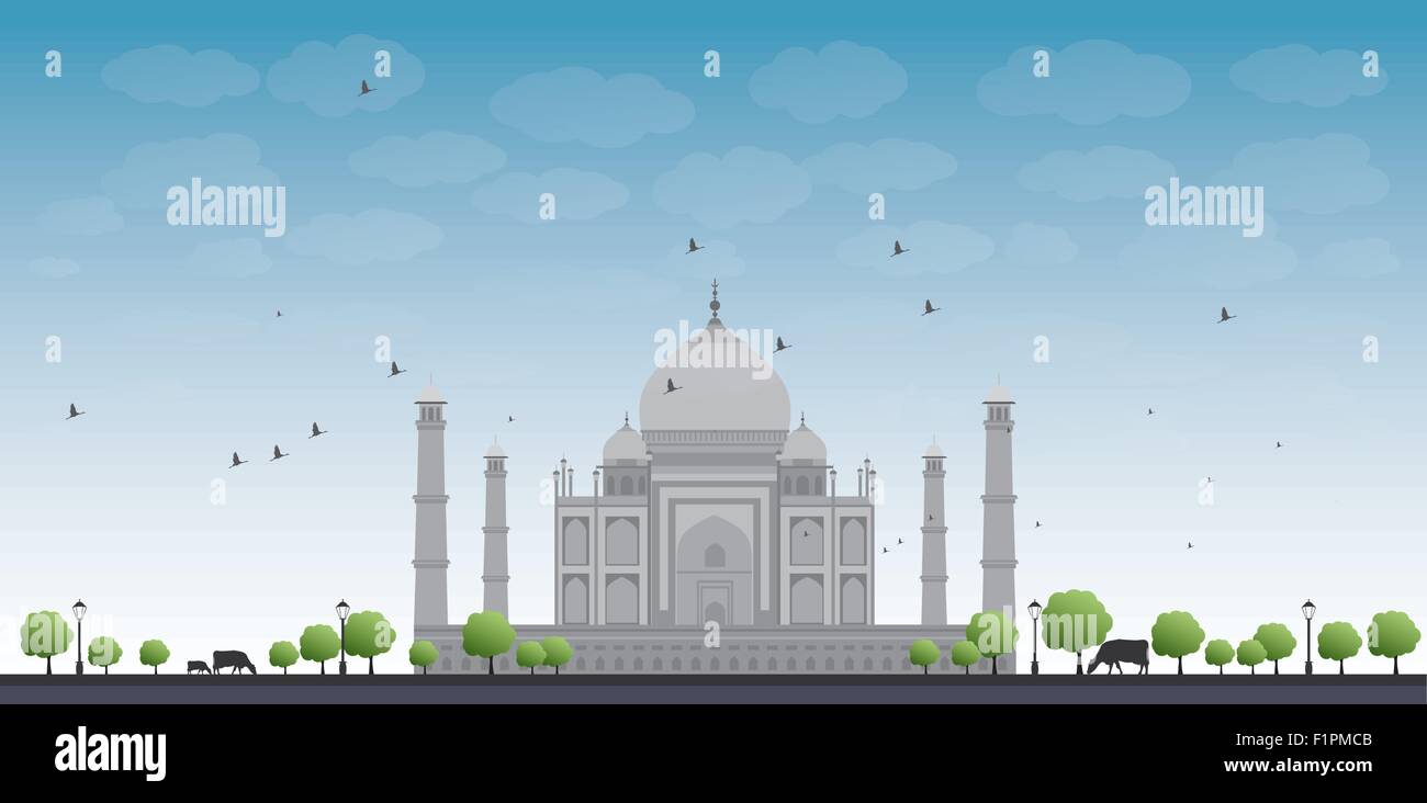 Taj Mahal avec arbre et vache. Vue avant Vector illustration Illustration de Vecteur