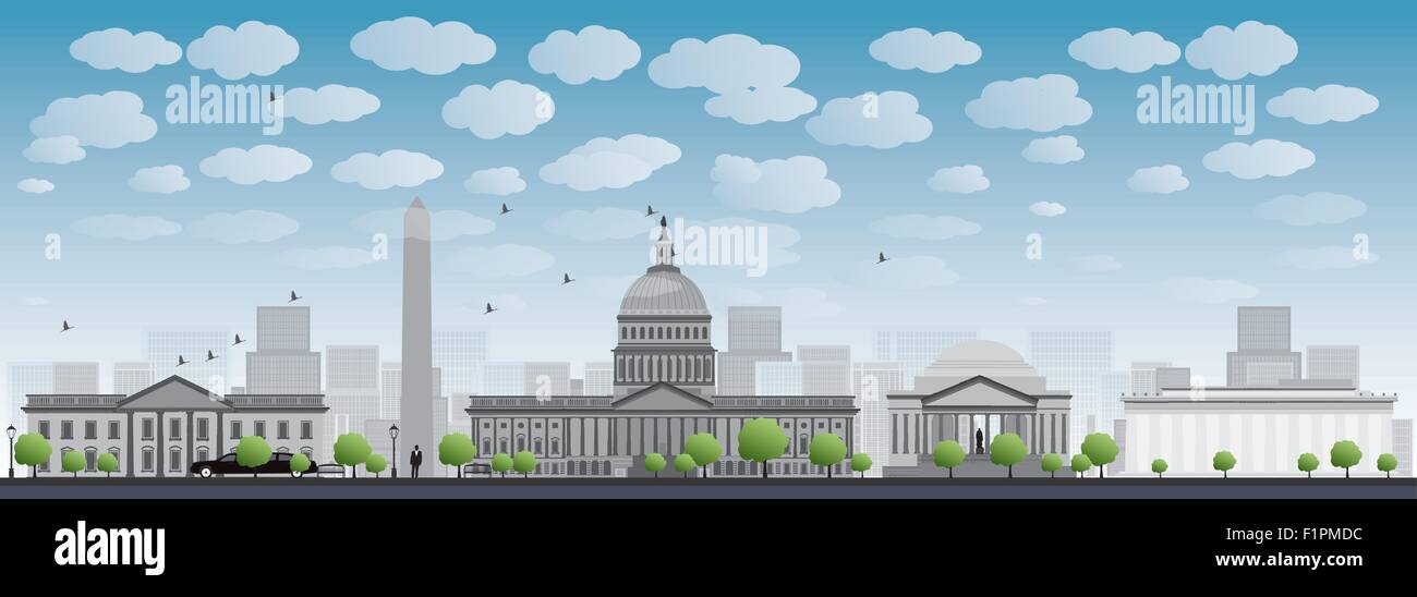 Washington DC city skyline. Vector illustration avec ciel bleu et nuages Illustration de Vecteur