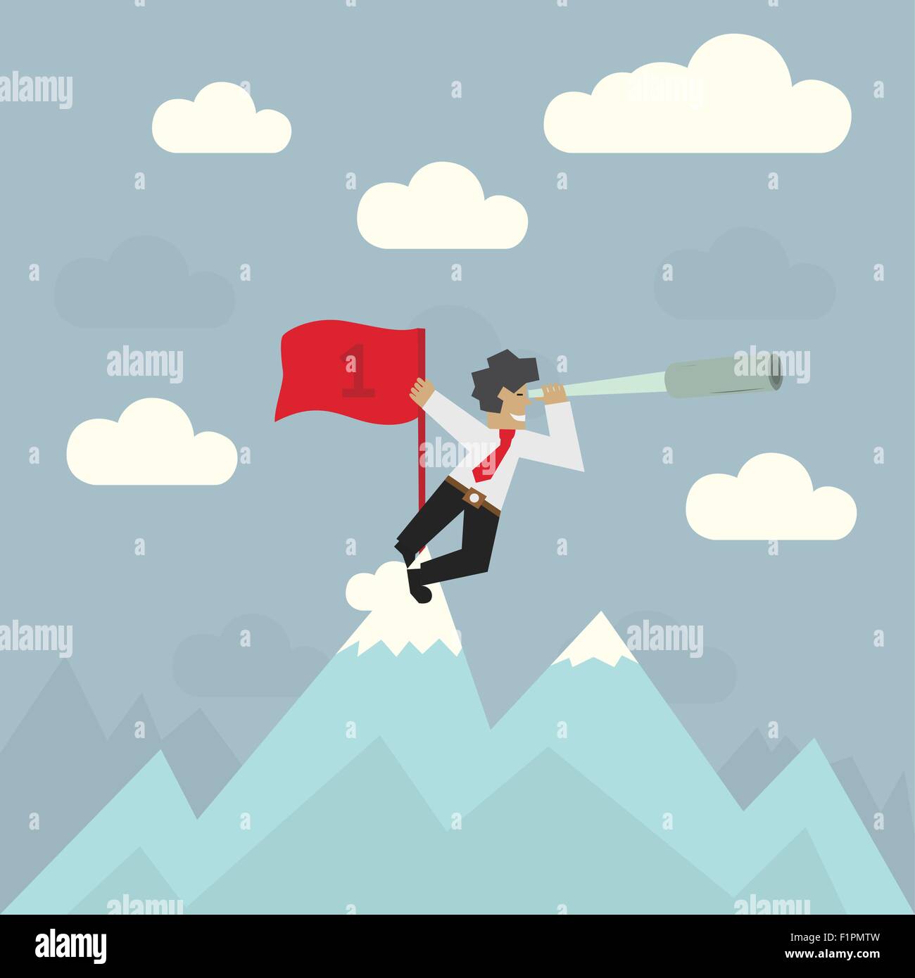 Businessman avec drapeau rouge au sommet de la montagne à la recherche à travers une longue-vue, vector illustration Illustration de Vecteur