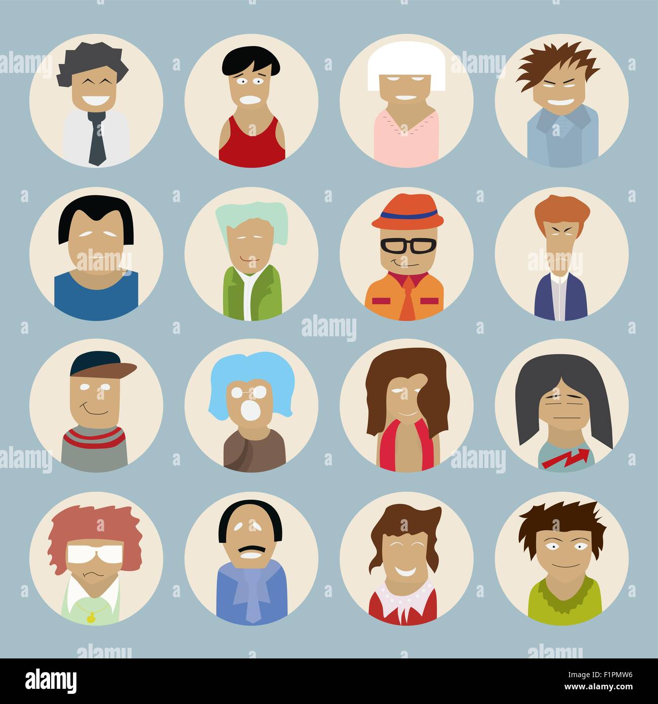 Ensemble de personnes des icônes dans le style plate avec des visages. Vector illustration d'hommes et de femmes Illustration de Vecteur