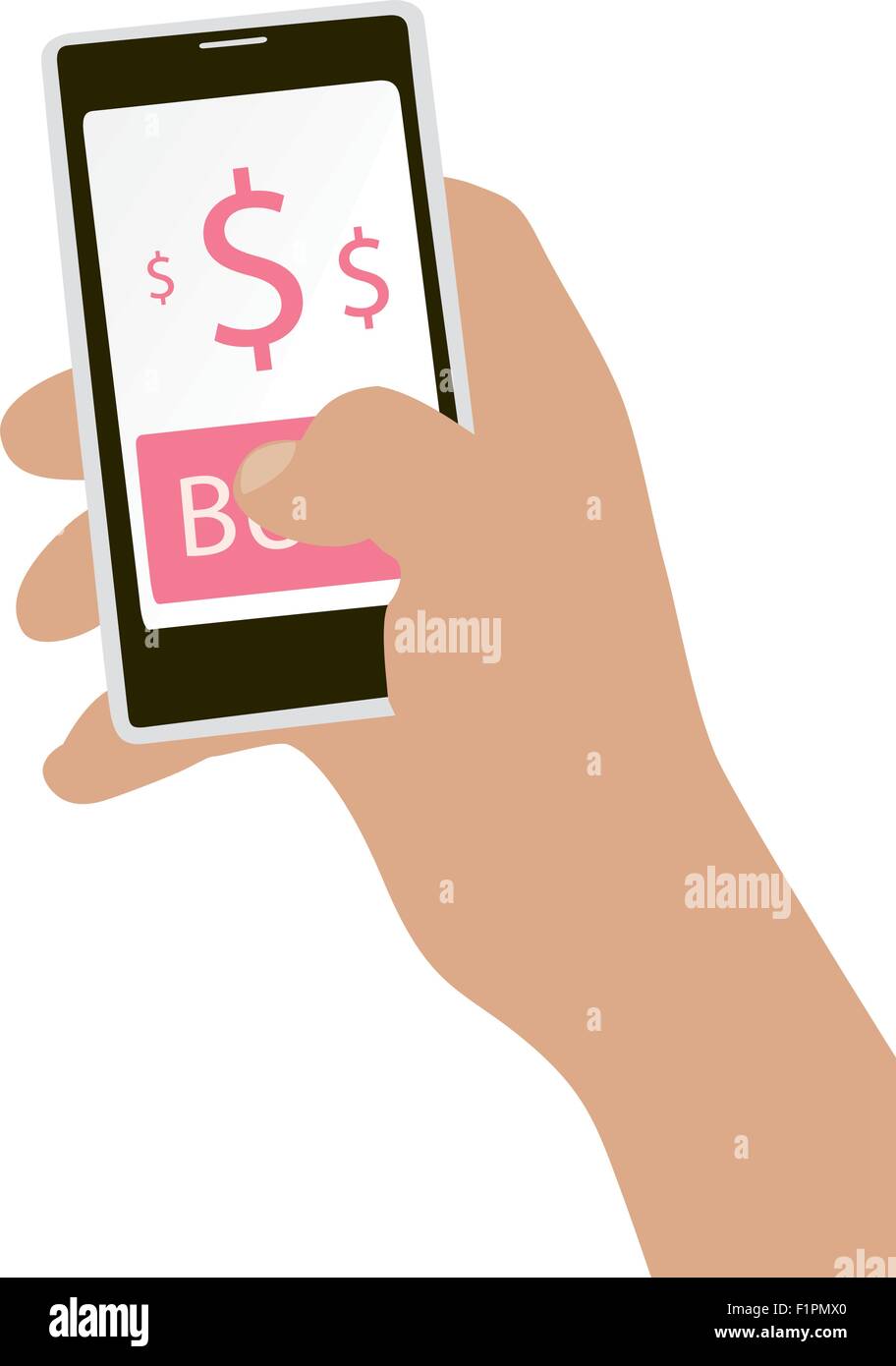 Main tenant téléphone intelligent avec bouton acheter sur l'écran. E-commerce concept design plat. Illustration de Vecteur