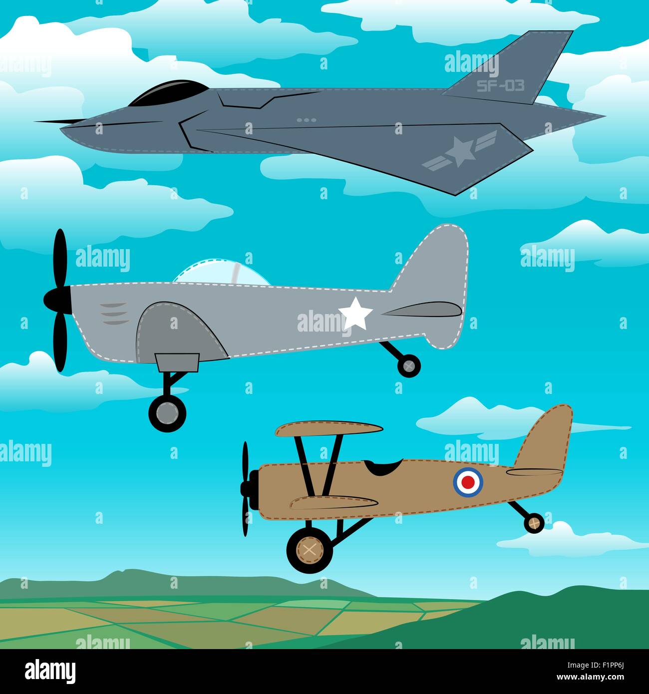 Militaire 3 avions volant ensemble avec les nuages de la broderie. Illustration de Vecteur