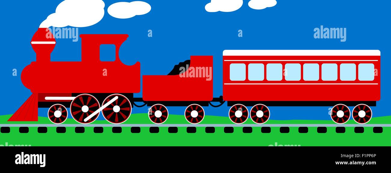 Train à vapeur rouge simple mignon sur les rails . Illustration de Vecteur