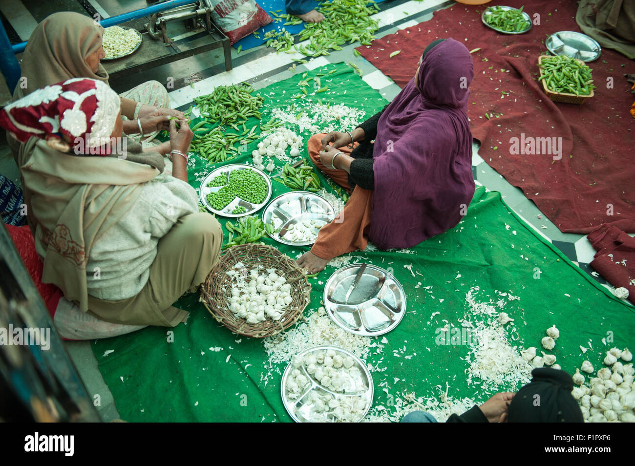 Amritsar, Punjab, en Inde. Le Temple d'Or - Harmandir Sahib ; trois femmes siègent à la préparation des repas, cuisine Langar pois à écosser, éplucher l'ail. Banque D'Images