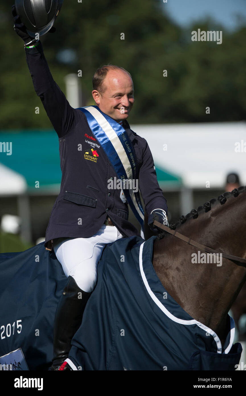 Stamford, au Royaume-Uni. 6 Septembre, 2015. Michael Jung (GER) équitation La Biosthetique - Sam Fbw [# 85] Dans la phase de saut sur la dernière journée de compétition. Michael Jung (GER) équitation La Biosthetique - Sam Fbw a gagné le Land Rover Burghley Horse Trials 2015 Crédit : Stephen Bartholomew/Alamy Live News Banque D'Images