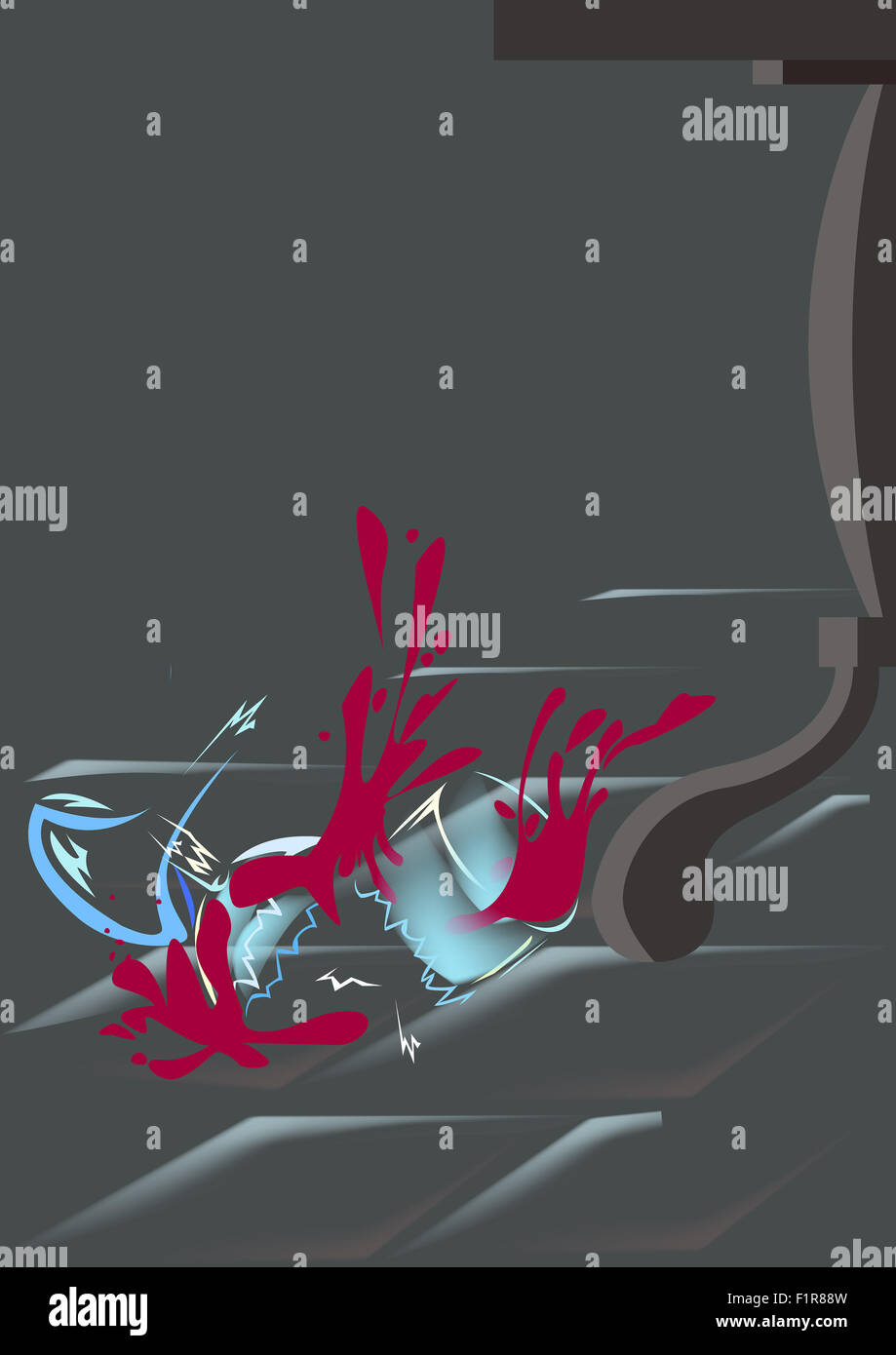 Sur le sol près d'un pied de table est casse le verre de vin Banque D'Images