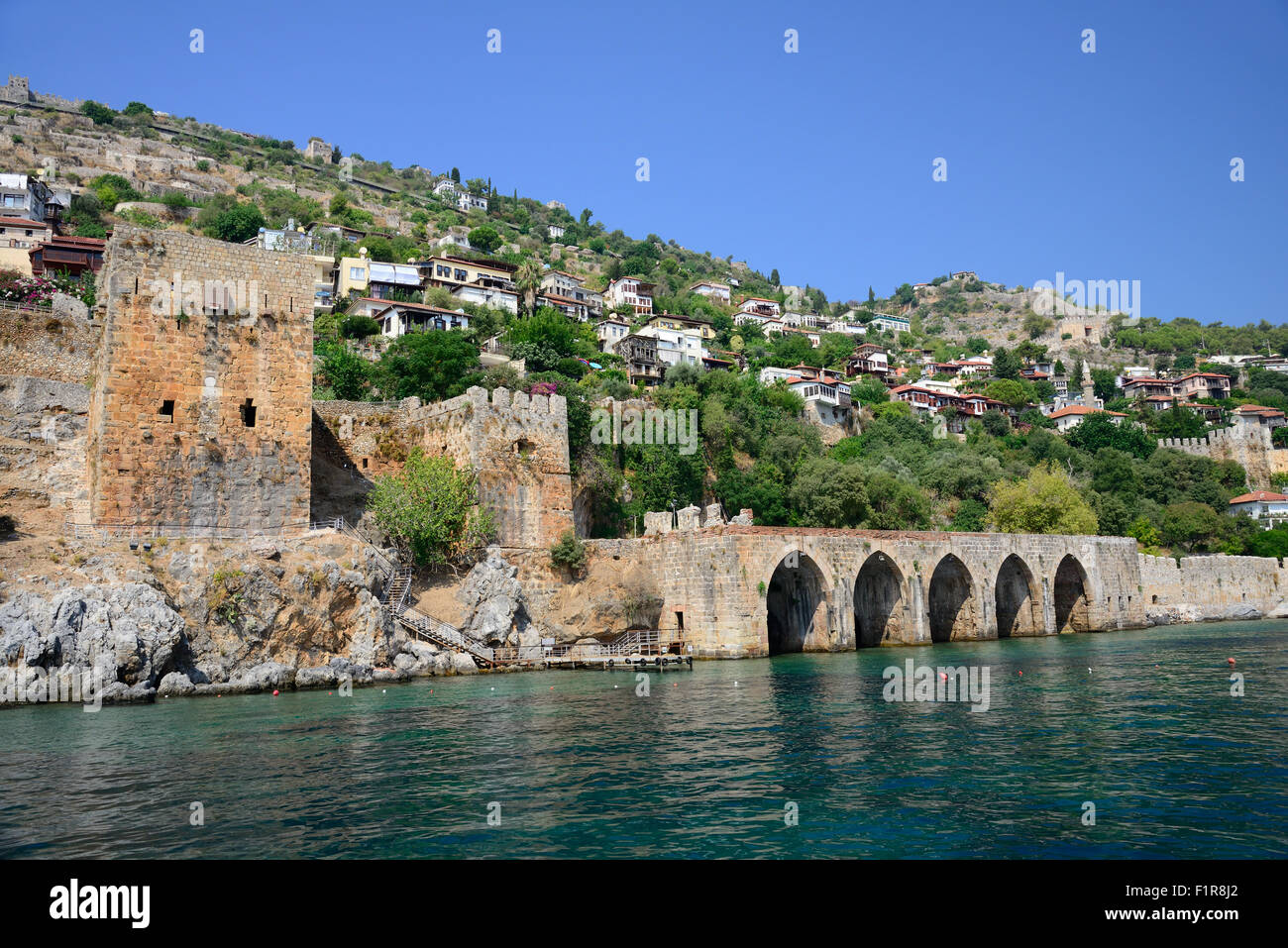 Mur de forteresse et de Tour Rouge (Kizilkule) à Alanya, Turquie Banque D'Images