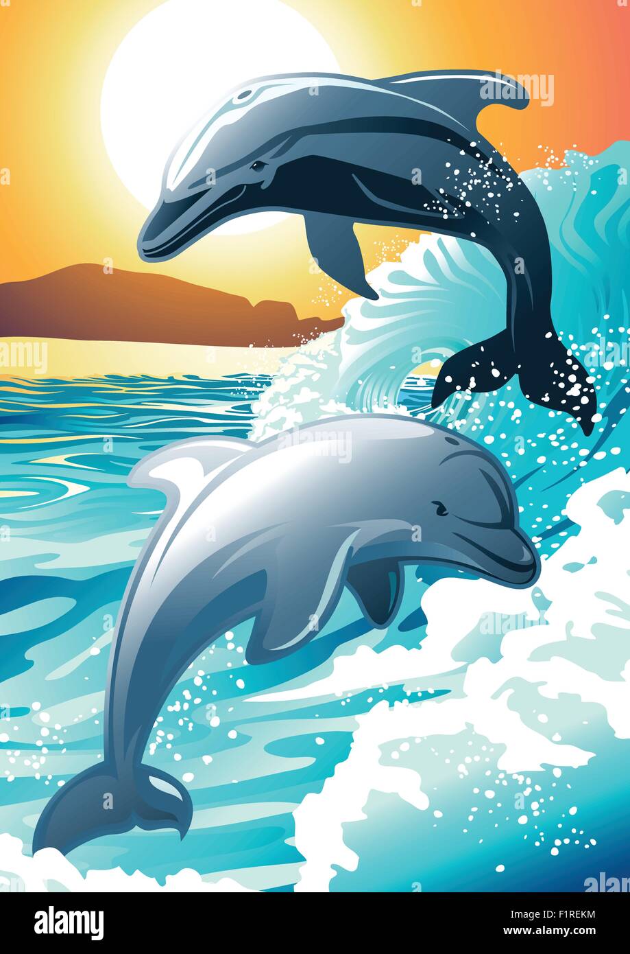 Piscine dolphin deux sur une plage au lever du soleil . Illustration de Vecteur