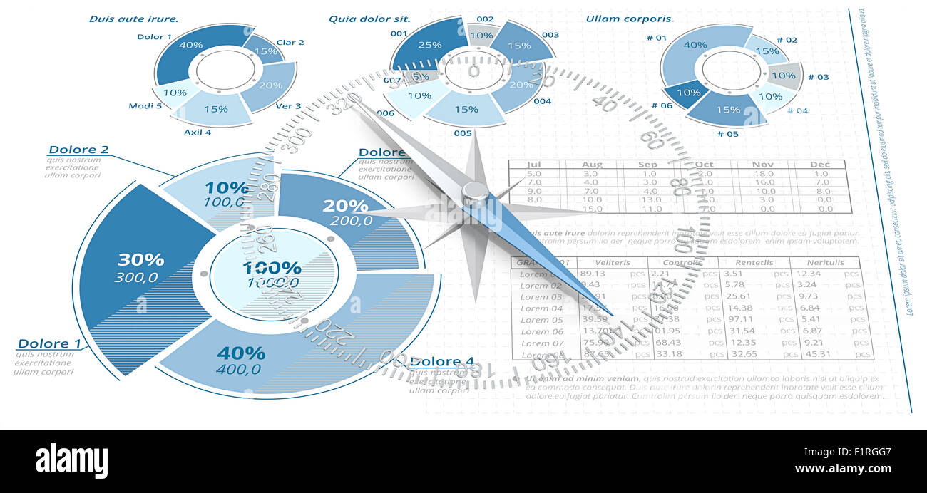 Compas sur l'infographie page de données. Les diagrammes à secteurs et des tables. Blue Theme Couleur. Banque D'Images