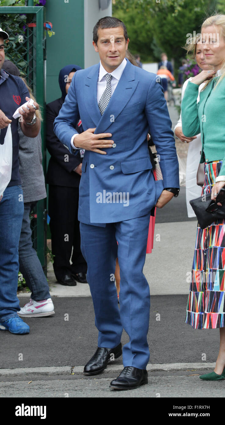 Londres, Royaume-Uni, le 8 juillet 2015 : Bear Grylls arrive pour le tournoi de Wimbledon 2015 Banque D'Images