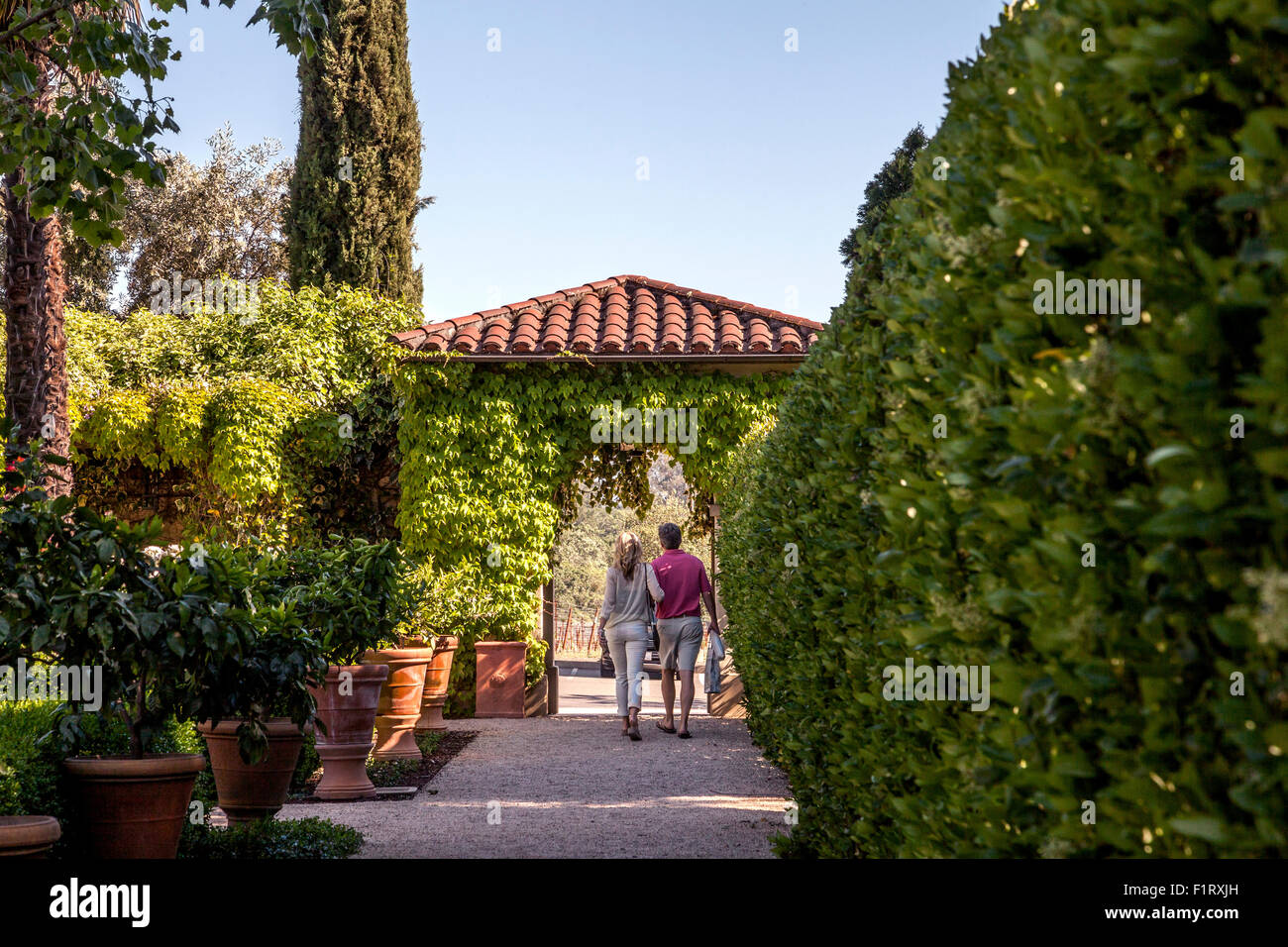 Couple en train de marcher à l'intérieur du jardin de château St Jean Estate Winery, Kenwood, Sonoma, California, USA Banque D'Images