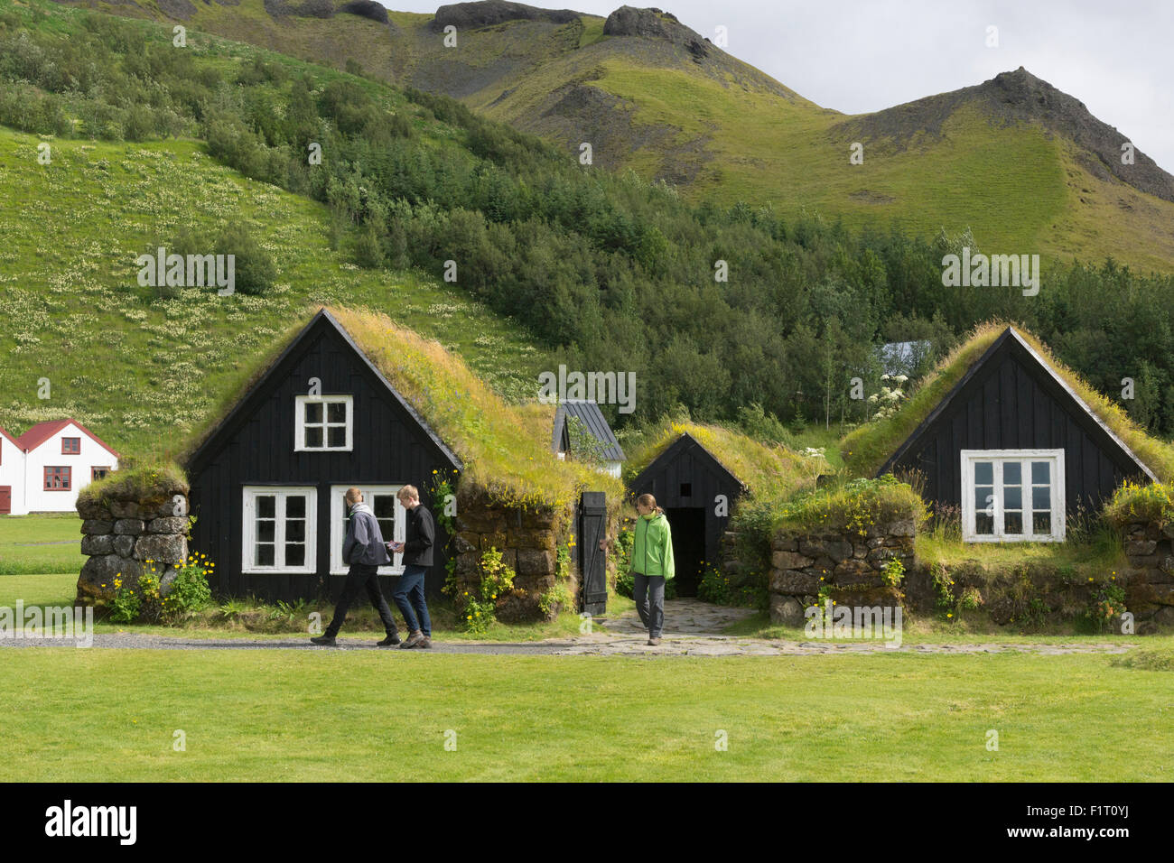 Touristes marchant parmi les maisons de gazon traditionnelles, ou torfbæir en islandais, au Skógarsafn - Musée régional de Skogar en Islande Banque D'Images