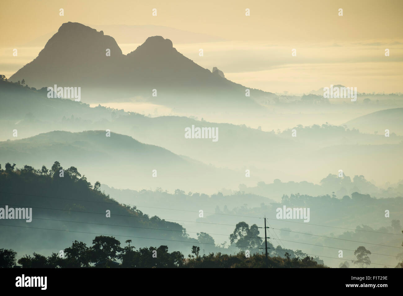Lever du soleil et du brouillard sur les montagnes entourant Blantyre, Malawi, Afrique Banque D'Images
