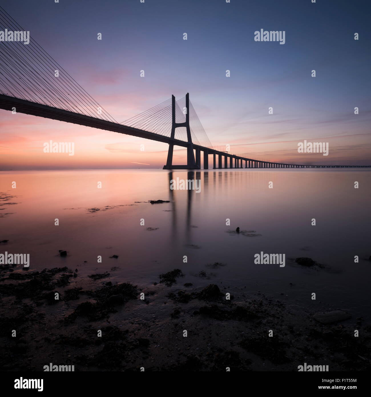Pont Vasco da Gama sur Rio Tejo (Tage) à l'aube, Lisbonne, Portugal, Europe Banque D'Images