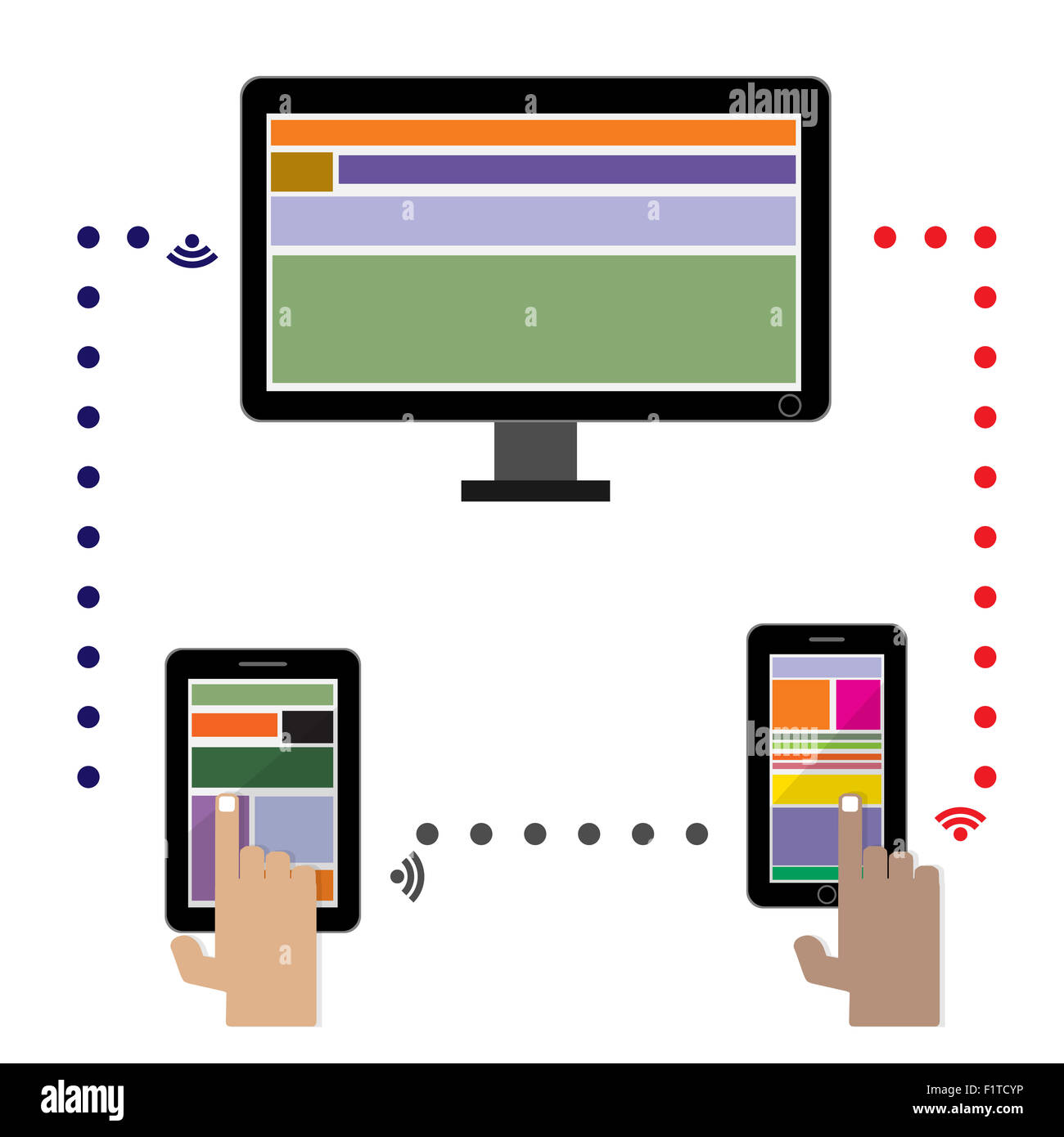En touchant la main de téléphone intelligent et tablette avec l'icône de l'ordinateur. Concept de communication dans le réseau. Banque D'Images