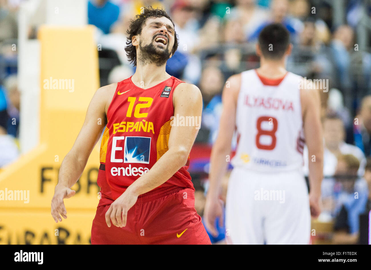 Berlin, Allemagne. 06 Sep, 2015. L'Espagne Sergio Llull réagit pendant le championnat européen de basket-ball match entre la Turquie et l'Espagne à Berlin, Allemagne, 06 septembre 2015. La Turquie a perdu 77-104. Photo : Lukas Schulze/dpa/Alamy Live News Banque D'Images