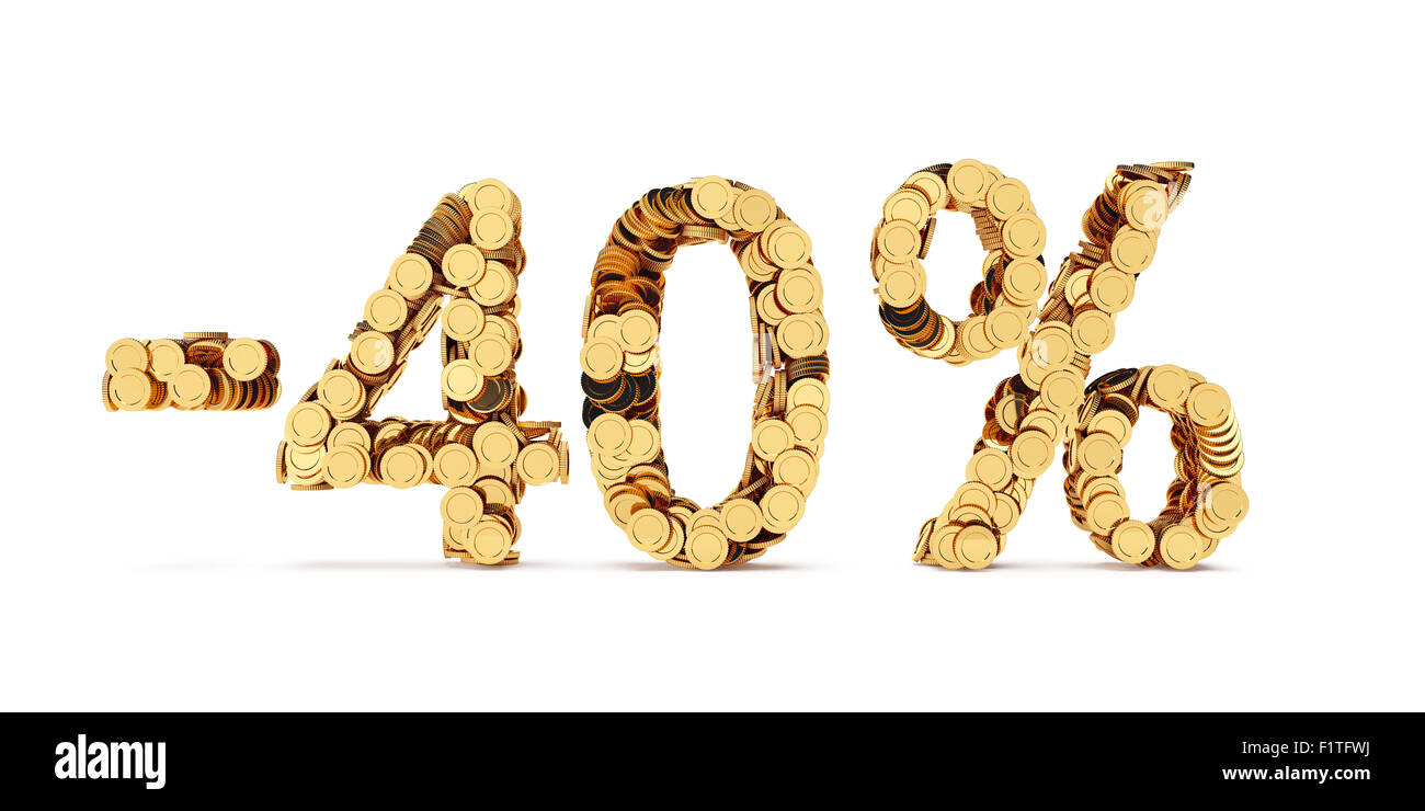 Le rendu 3D de 40 pour cent : coupé. Remise des lettres d'or des pièces isolées sur fond blanc Banque D'Images