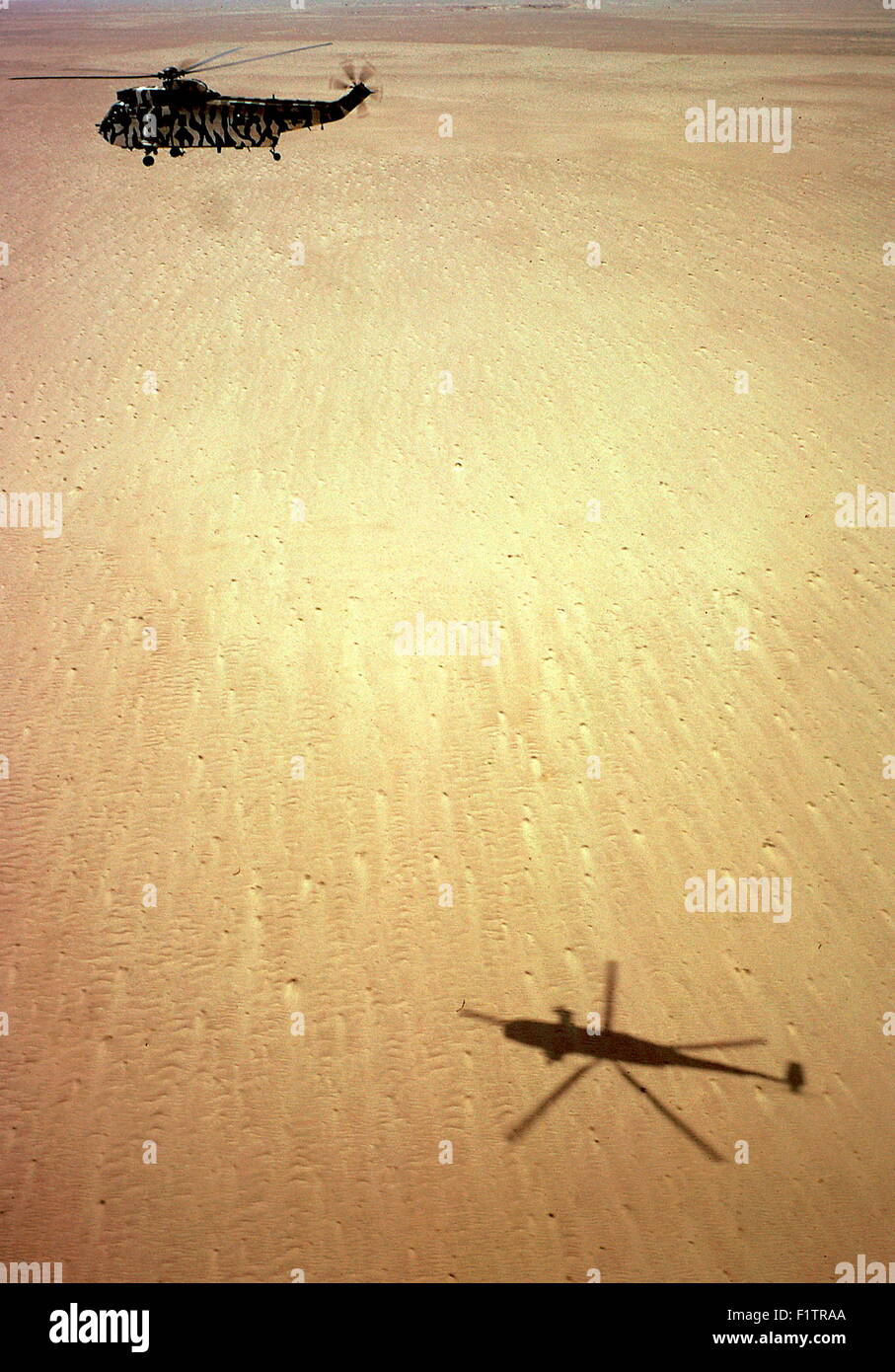 AJAX NEWS & FEATURE SERVICE. (OMA-85). L'OMAN. 5 OCT 2001. Un hélicoptère Sea King de la Marine royale flotte sur une vaste étendue de désert VIDE EN OMAN EN ROUTE POUR NAVIRES OPÉRANT DANS LA MER D'OMAN. PHOTO:JONATHAN EASTLAND/AJAX. REF:CDSS03/24. Banque D'Images