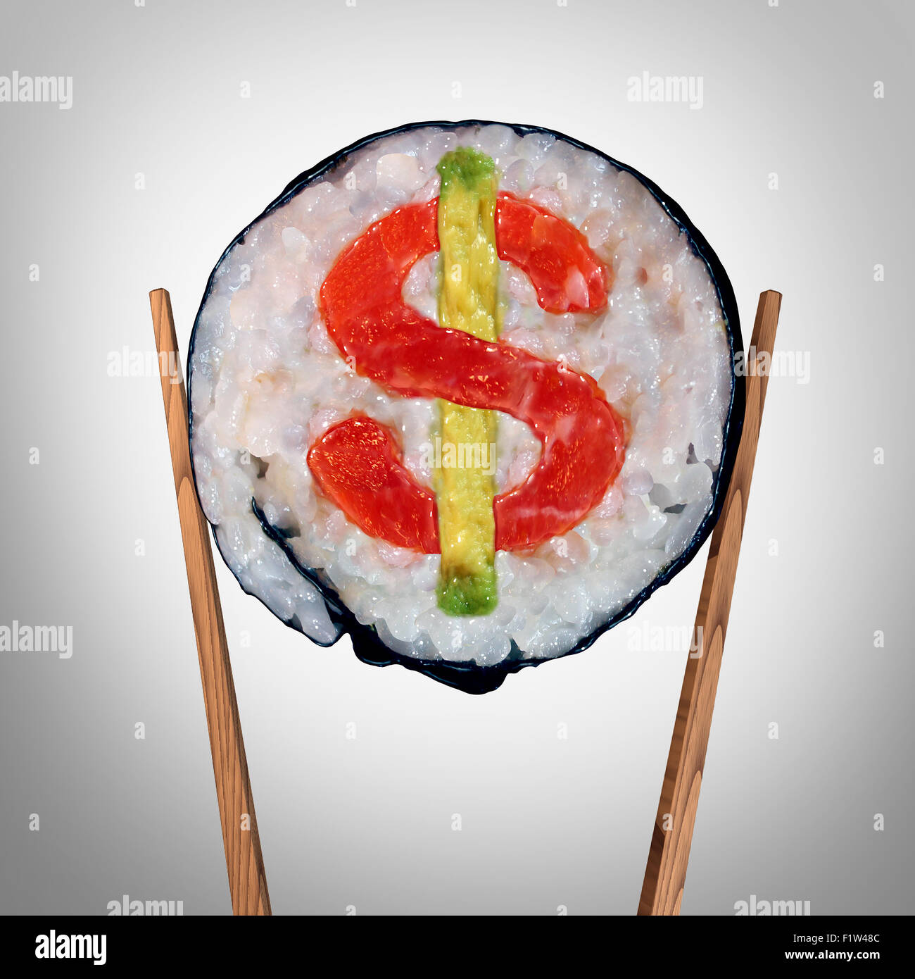 Restaurant business et coûteux projet de loi alimentaire énorme symbole ou manger hors de prix comme un morceau de sushi frais tenu par baguettes avec un signe dollar à l'intérieur du rouleau comme une icône pour le divertissement ou le basculement des coûts du service. Banque D'Images