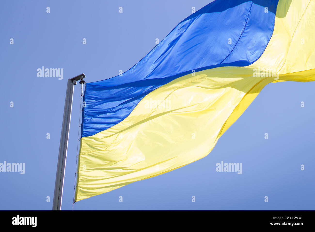 Drapeau national bleu et jaune de l'Ukraine en agitant sur ciel bleu Banque D'Images