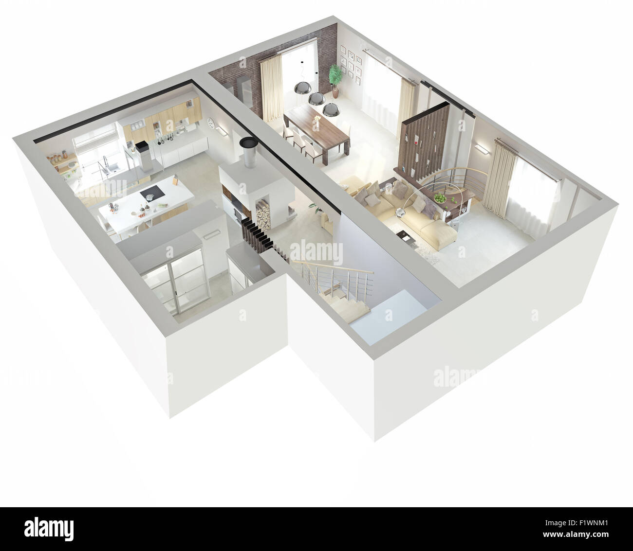 Vue en plan d'un appartement.Rez-de-chaussée. Design d'intérieur 3d claire. Banque D'Images