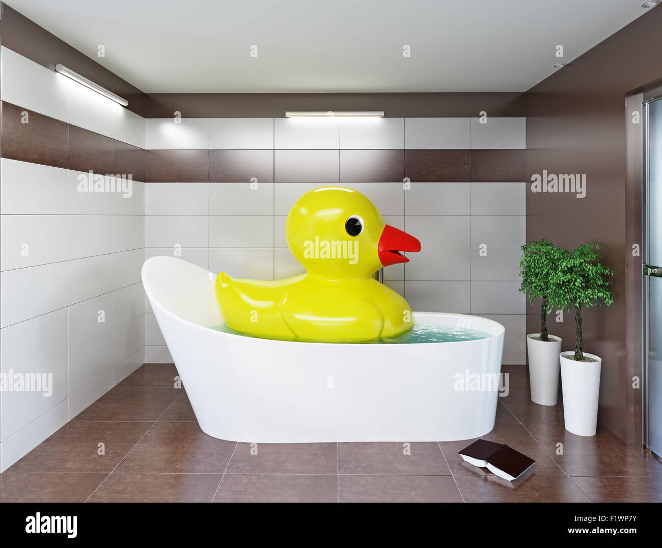 Le grand canard en caoutchouc se détendre dans la salle de bains. Concept créatif 3d Banque D'Images