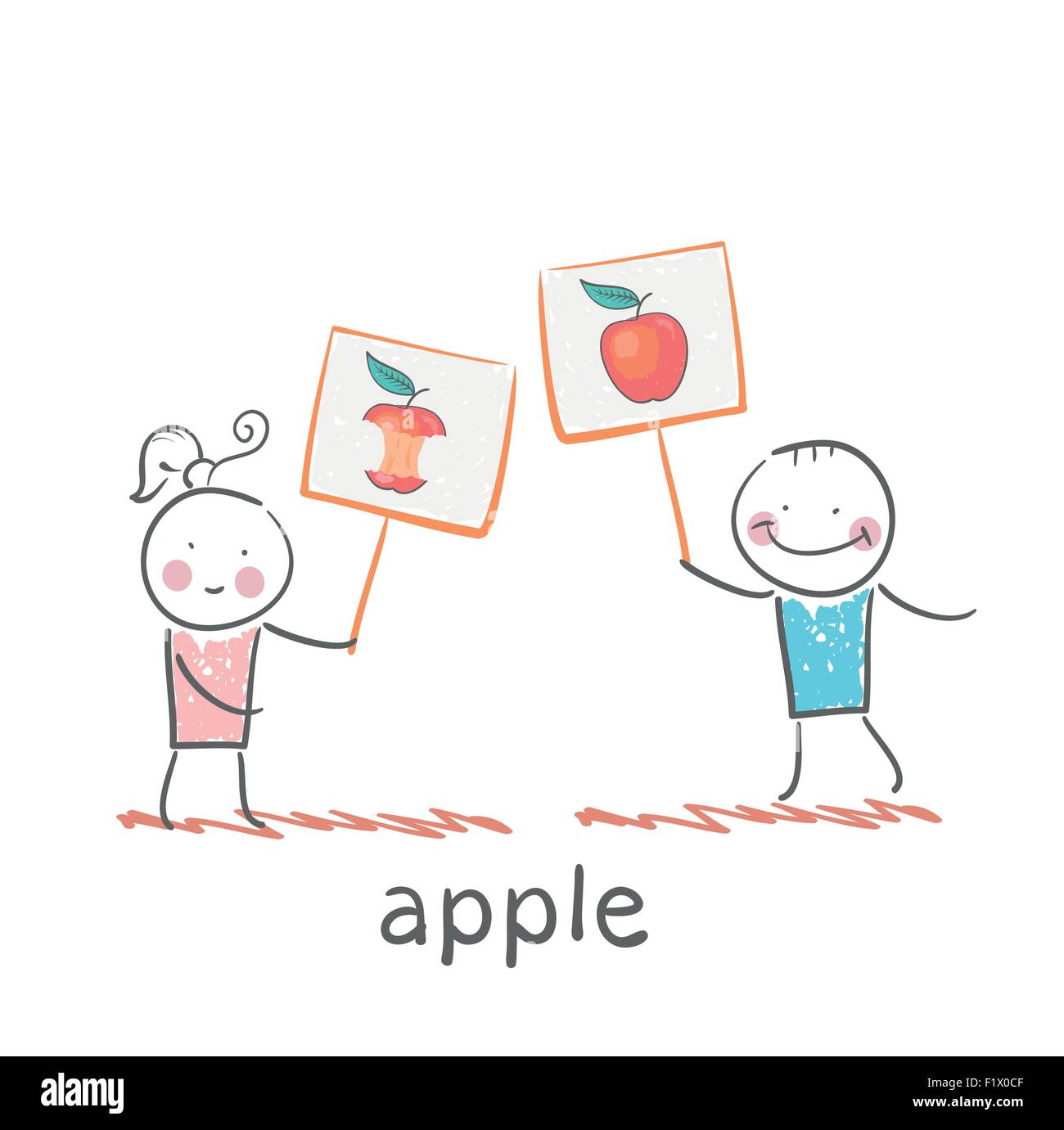 Fille et garçon tenant des affiches avec des pommes Illustration de Vecteur