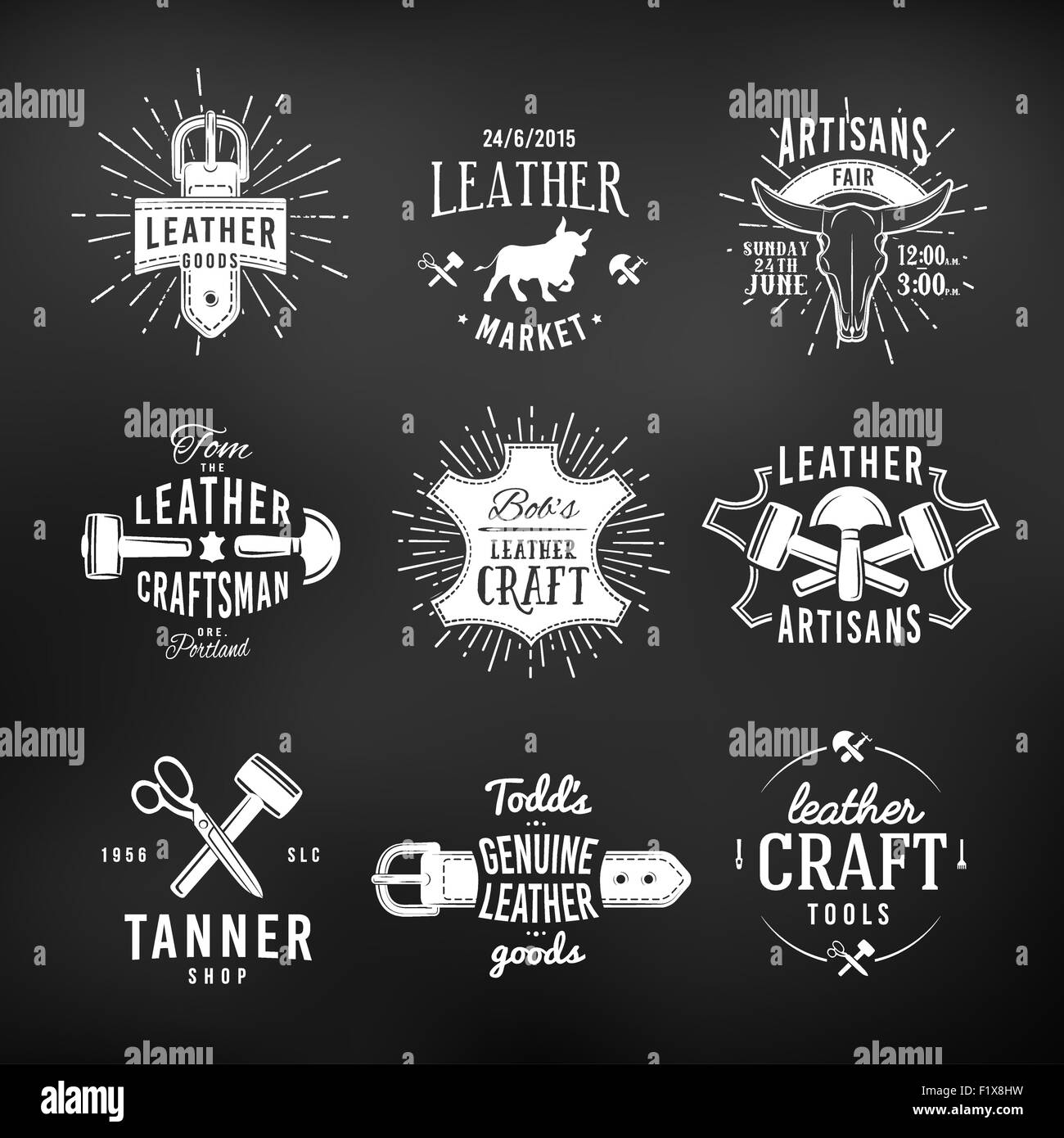 Ensemble de dessins de logos d'artisanat du cuir, véritable outil rétro vintage labels. Marché des artisans insignia vector illustration sur fond sombre Illustration de Vecteur