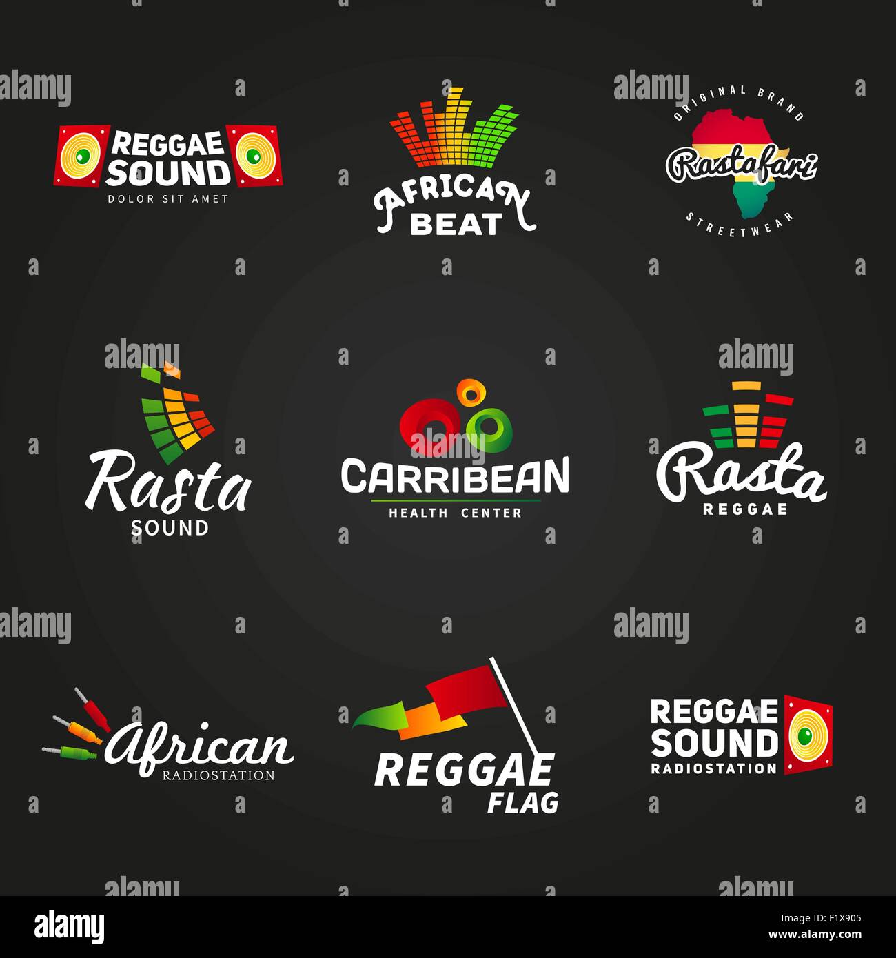 L'Afrique de l'ensemble de dessins de logos vectoriels sound rastafari. La musique reggae Jamaïque modèle. Concept dub colorés sur fond sombre Illustration de Vecteur