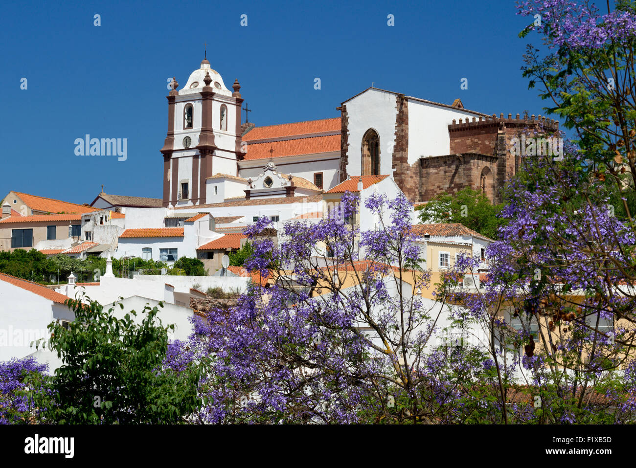 Le Portugal, l'Algarve, Silves, montrant la cathédrale ( une sé) et de jacarandas en fleurs Banque D'Images