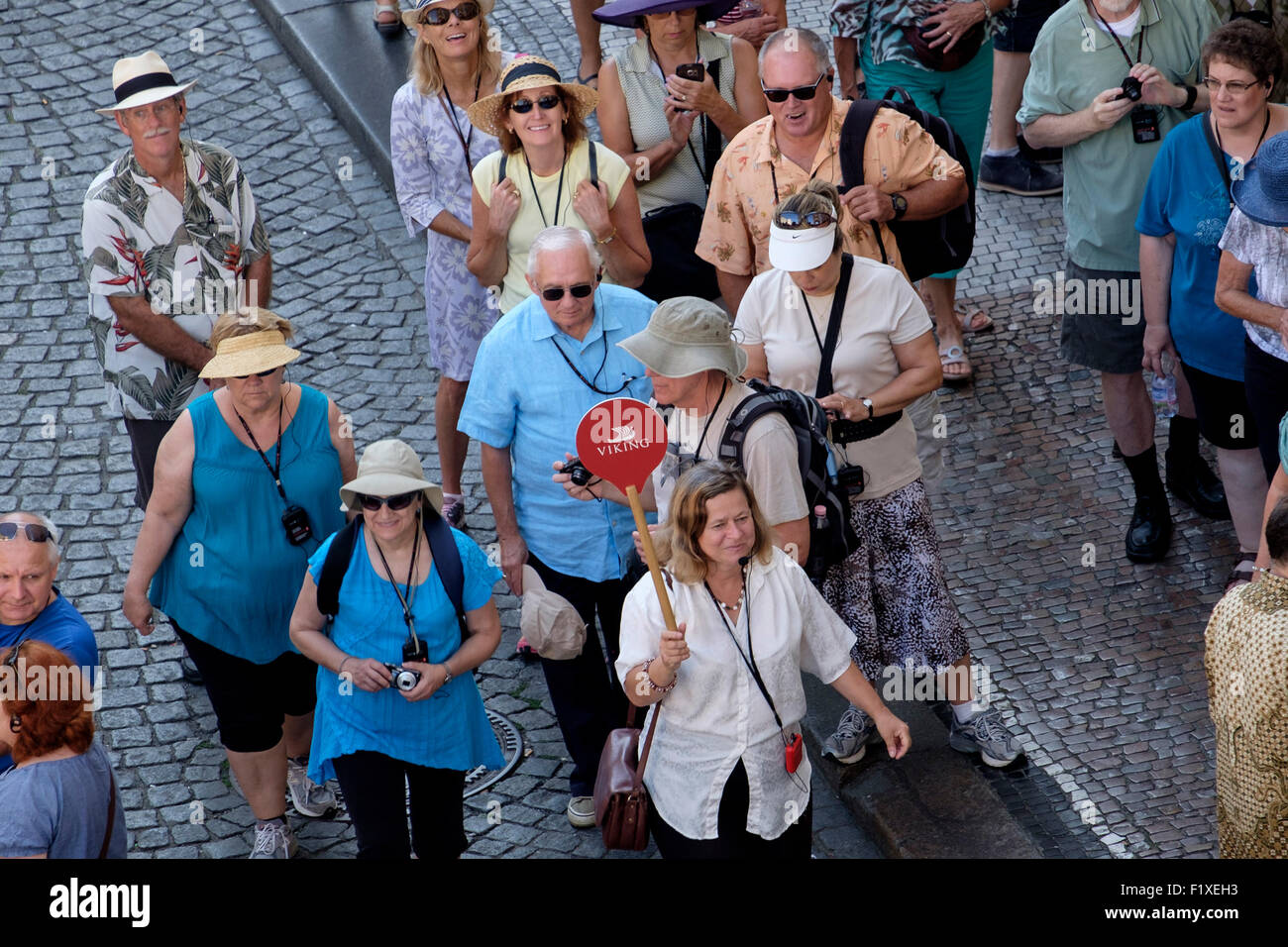 Groupe de touristes plus âgés suivent un guide touristique Banque D'Images
