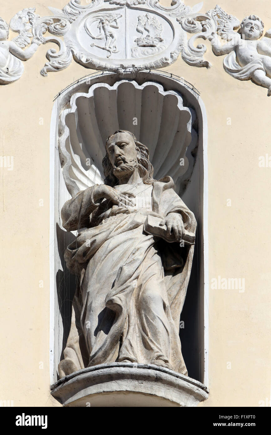 Jésus Christ Sauveur sur le portail de l'église paroissiale de l'Immaculée Conception de la Vierge Marie de Lepoglava, Croatie Banque D'Images