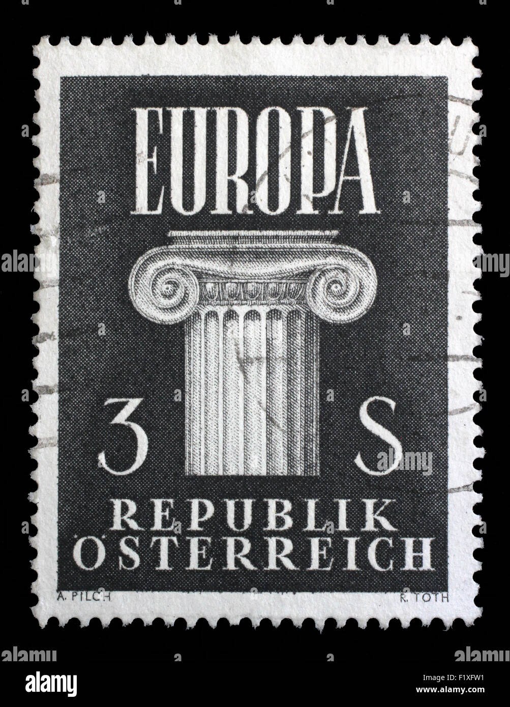 Timbres en l'Autriche montre Ionic Capital, idée d'une Europe unie, vers 1960 Banque D'Images